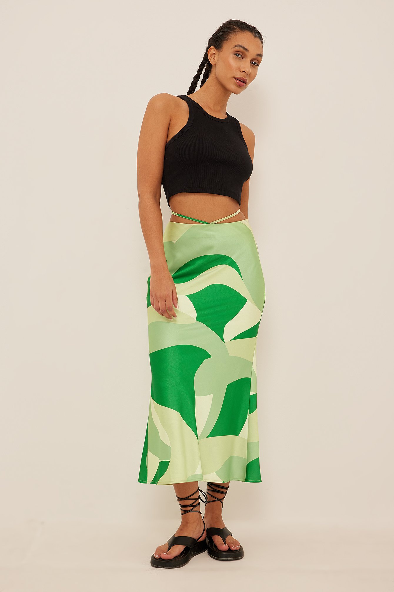 Green/Snake Print Satynowa spódnica midi z ozdobnymi paskami