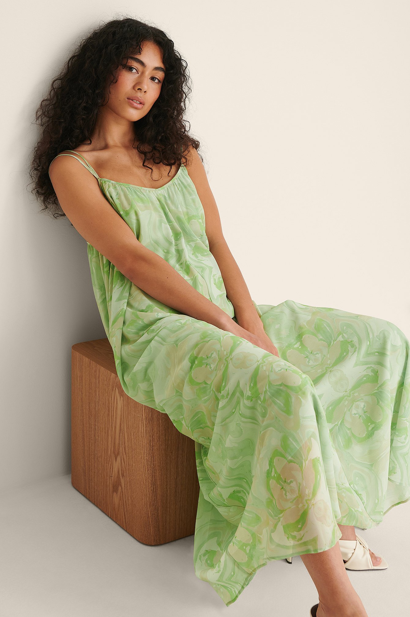 Green Print Strap Sheer Maxi Dress