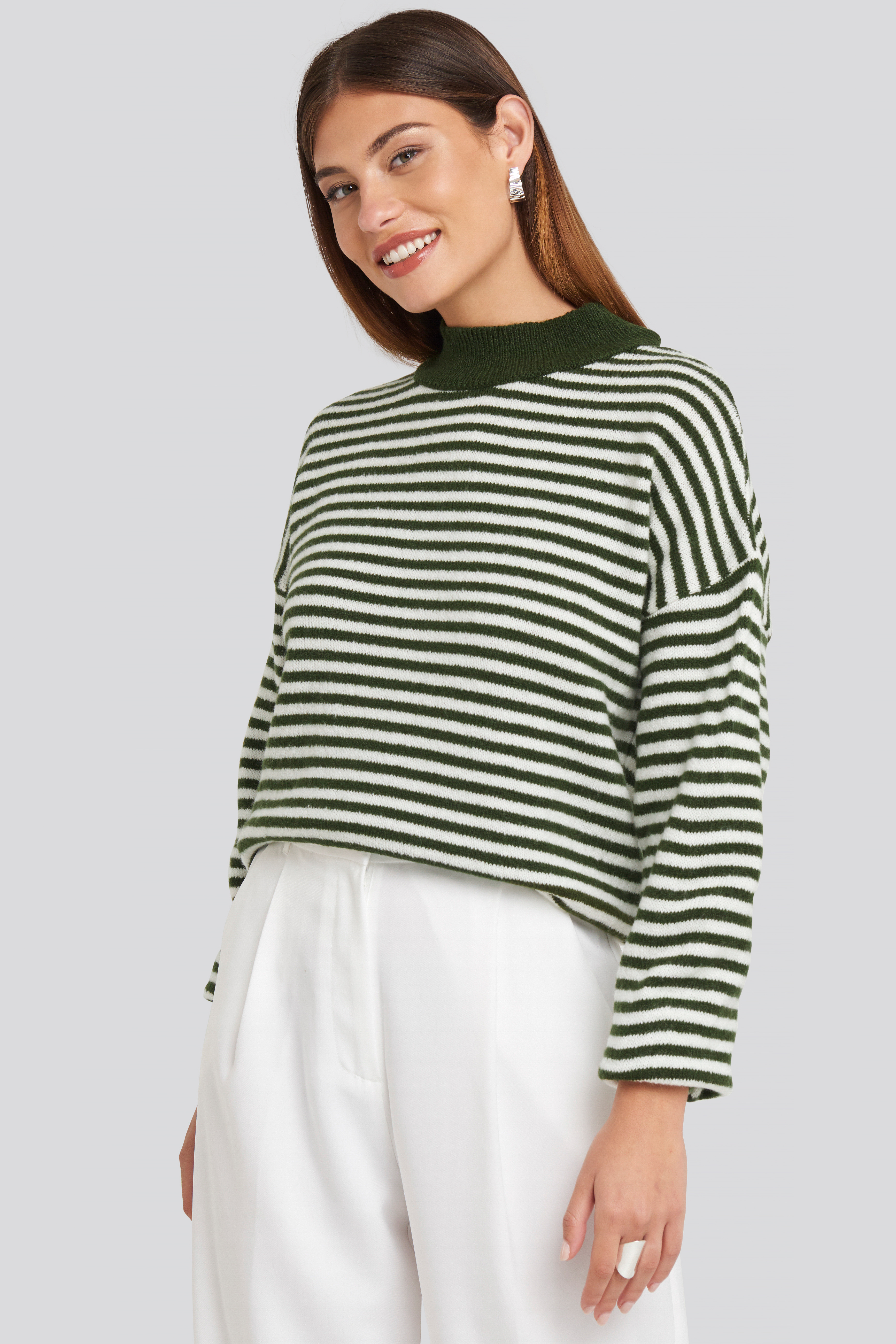 Striped Balloon Sleeve Knitted Sweater Green/White