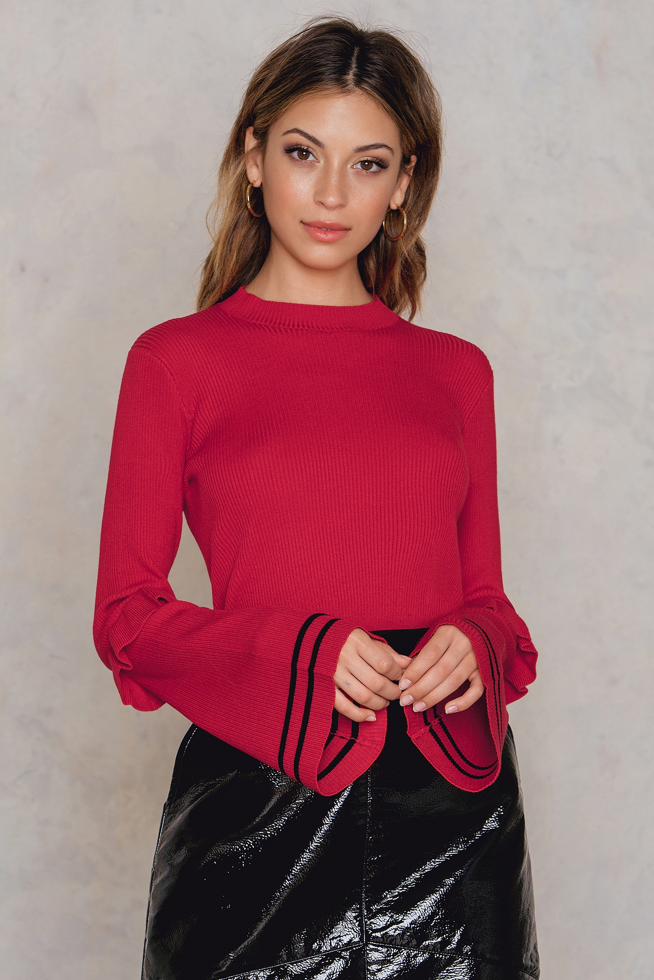 Striped Flounce Sleeve Sweater Rood NAKD