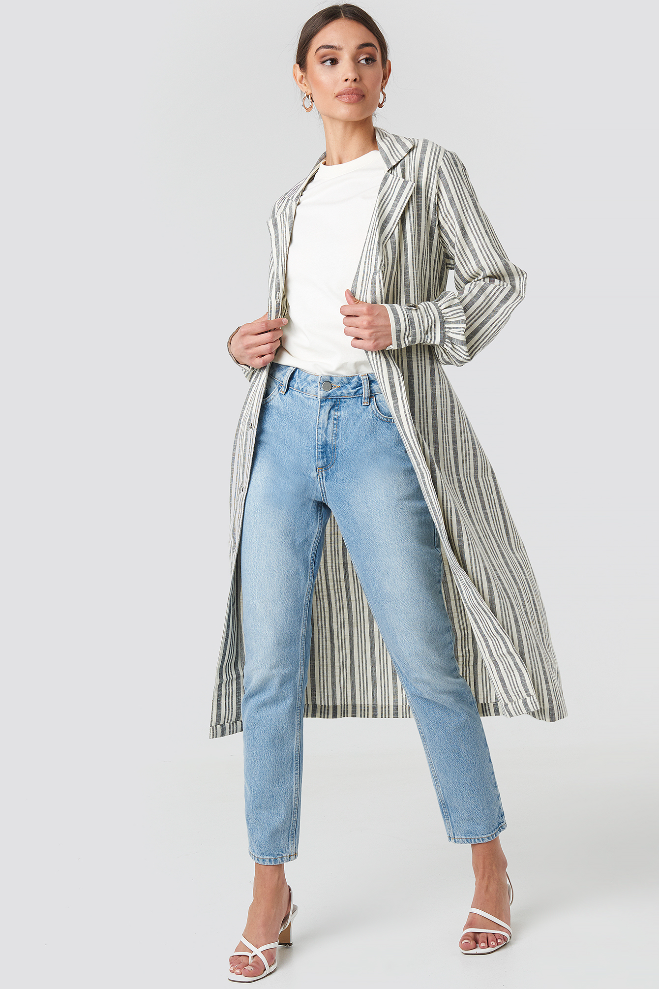 Striped Linen Look Trench Coat Blue/White