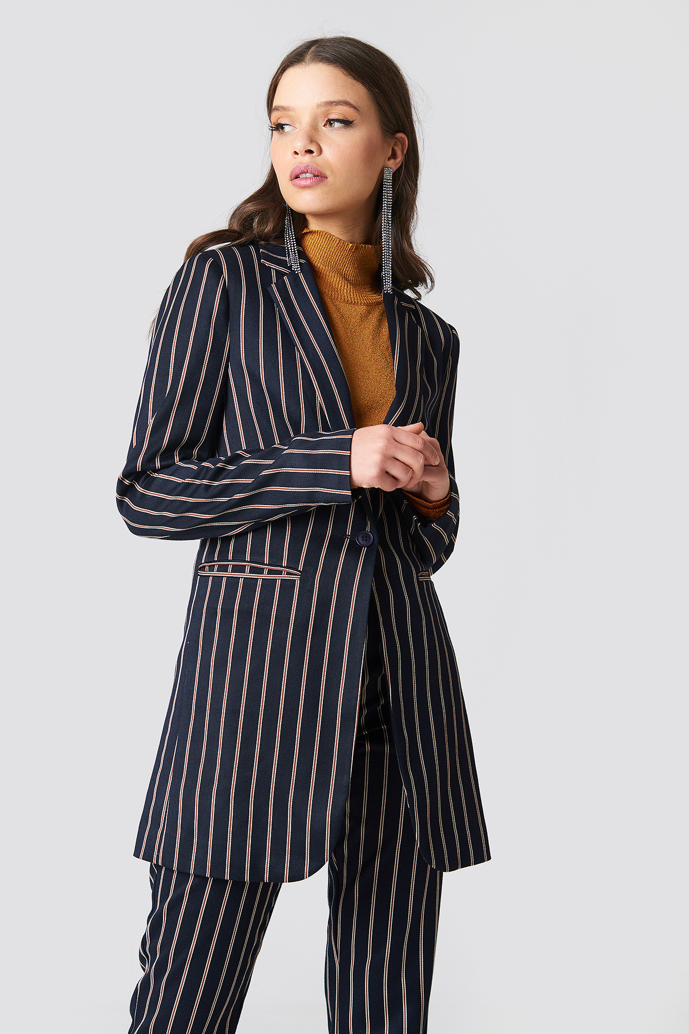 Striped Long Blazer Dark Navy