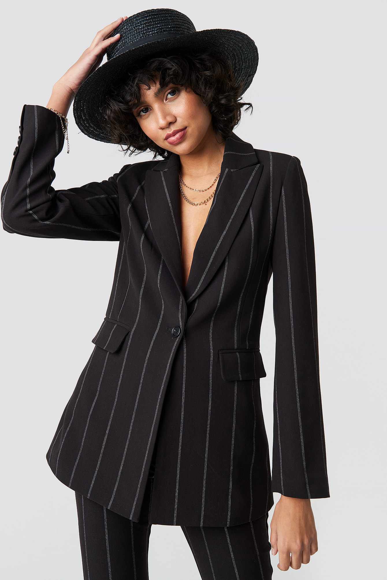 Striped Long Blazer Black