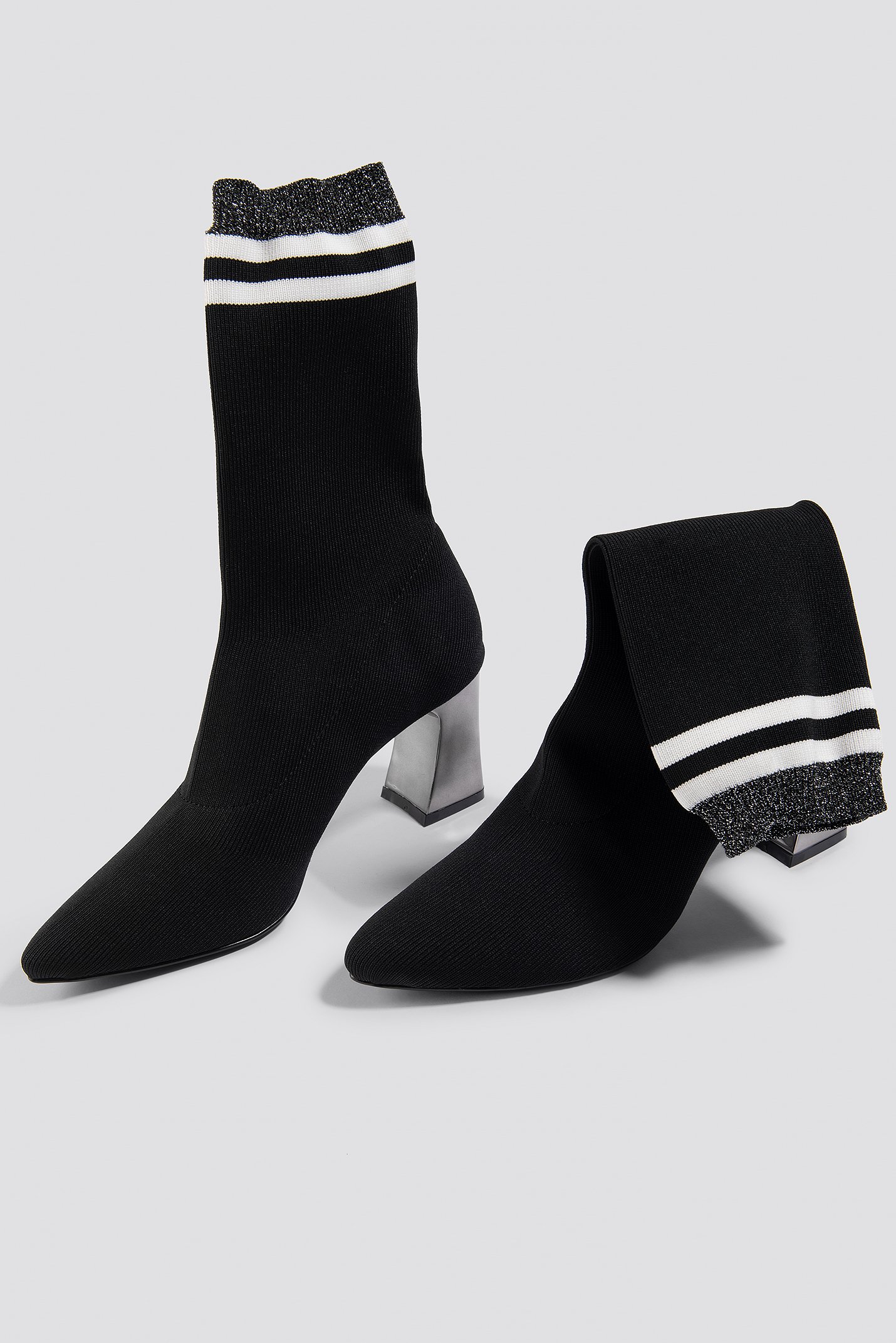 Striped Metallic Heel Sock Boots Black 