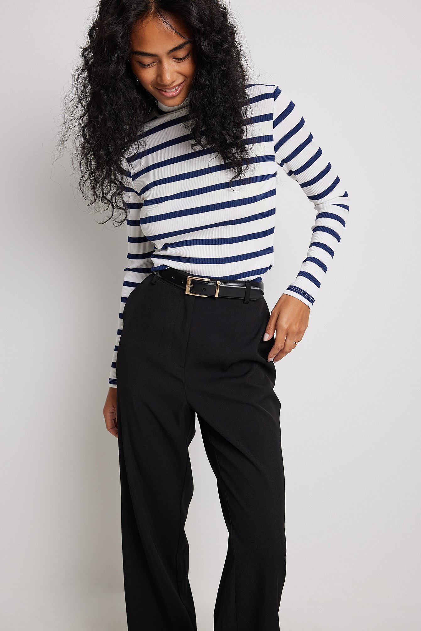 Navy/White Striped Ribbed Long Sleeved Turtle Neck Sweater