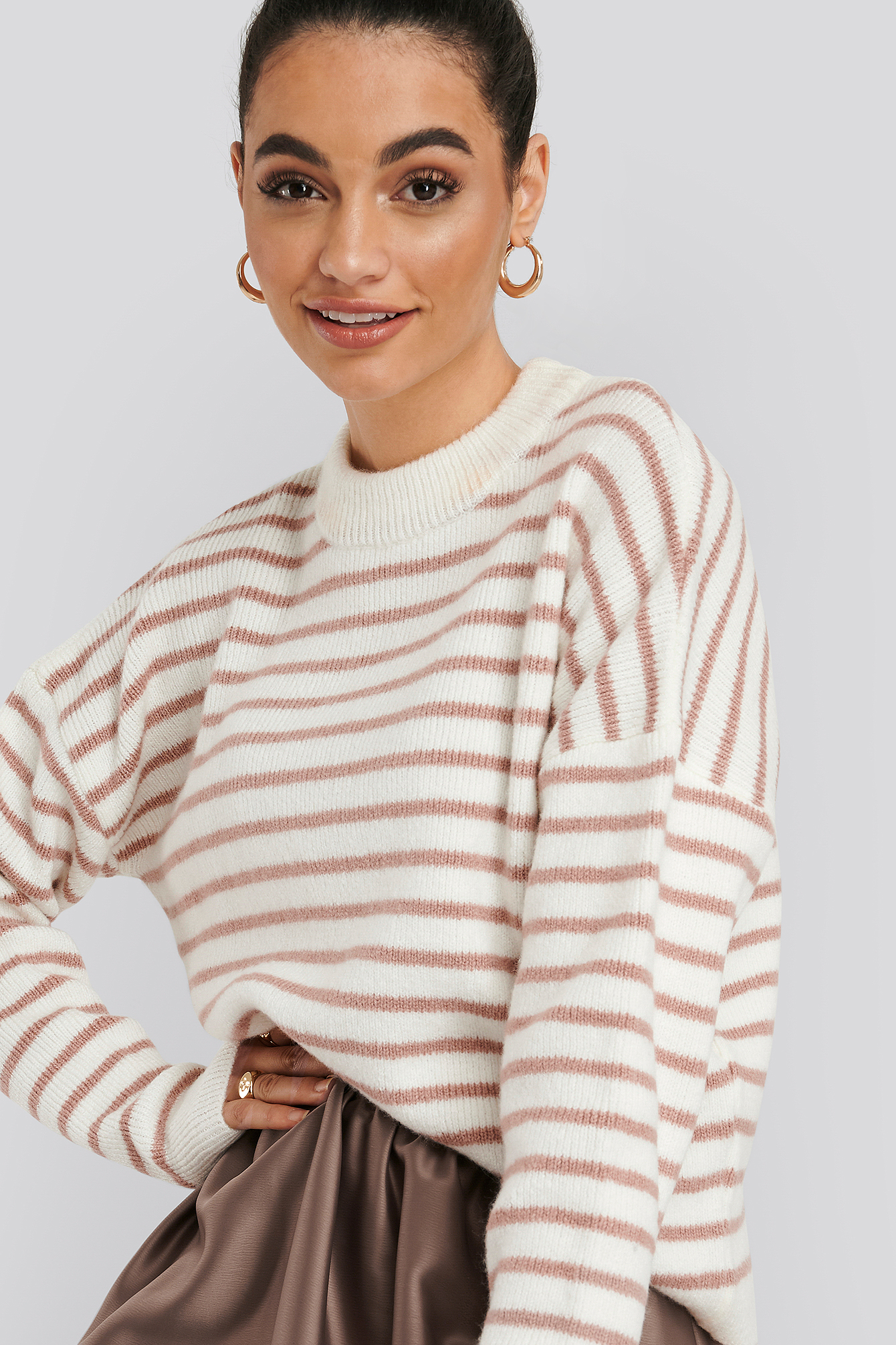 Striped Round Neck Knitted Sweater Pink/White