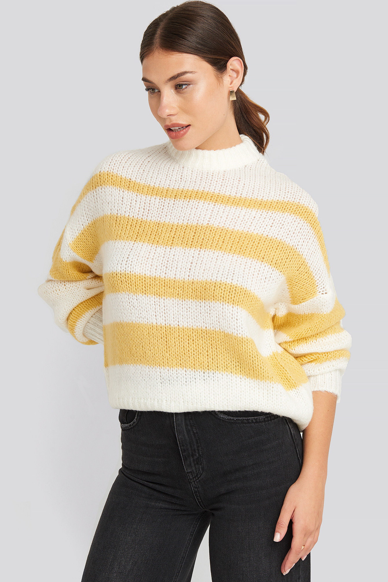 Striped Round Neck Oversized Knitted Sweater Yellow