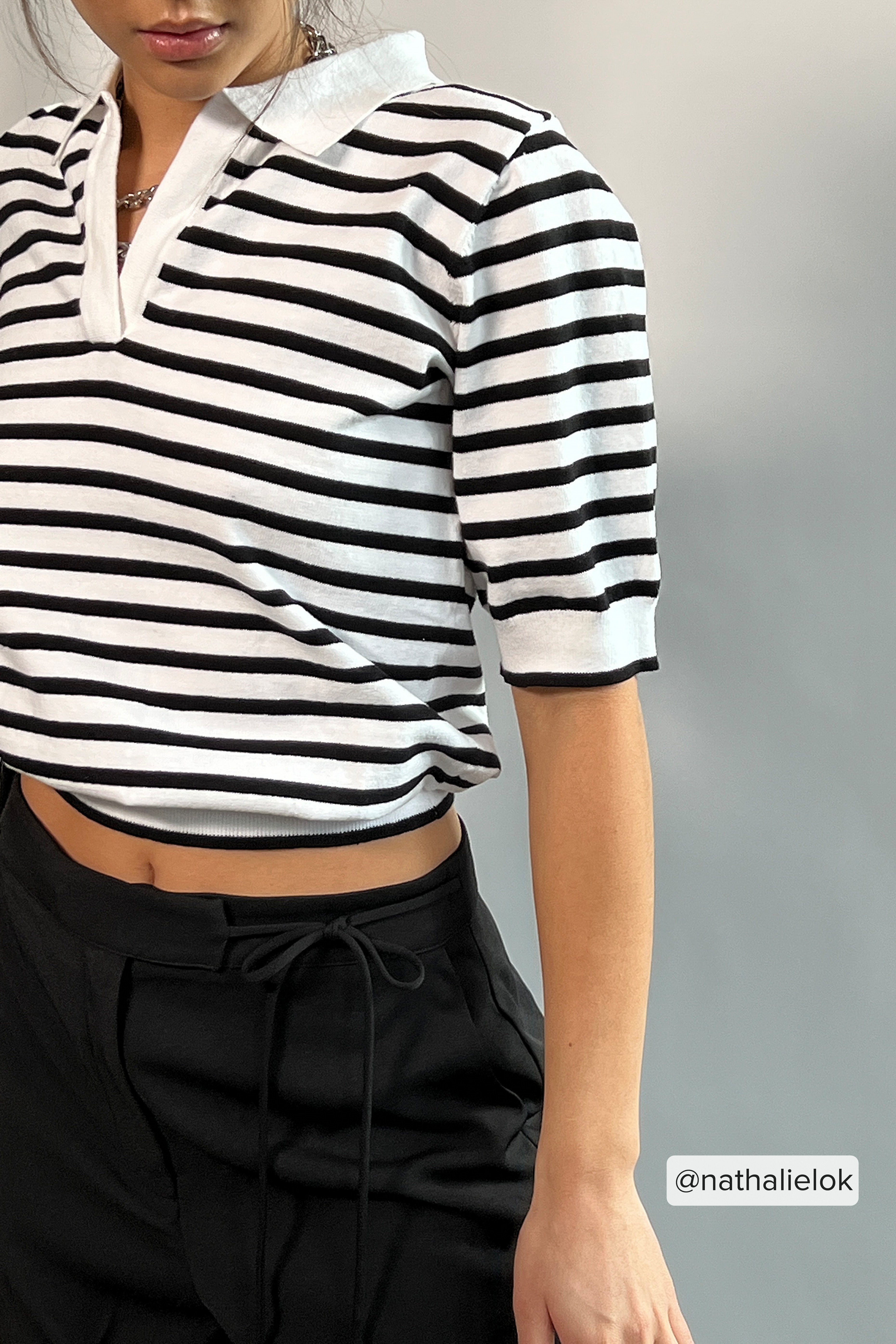 Offwhite Striped Short Sleeved Collar Top
