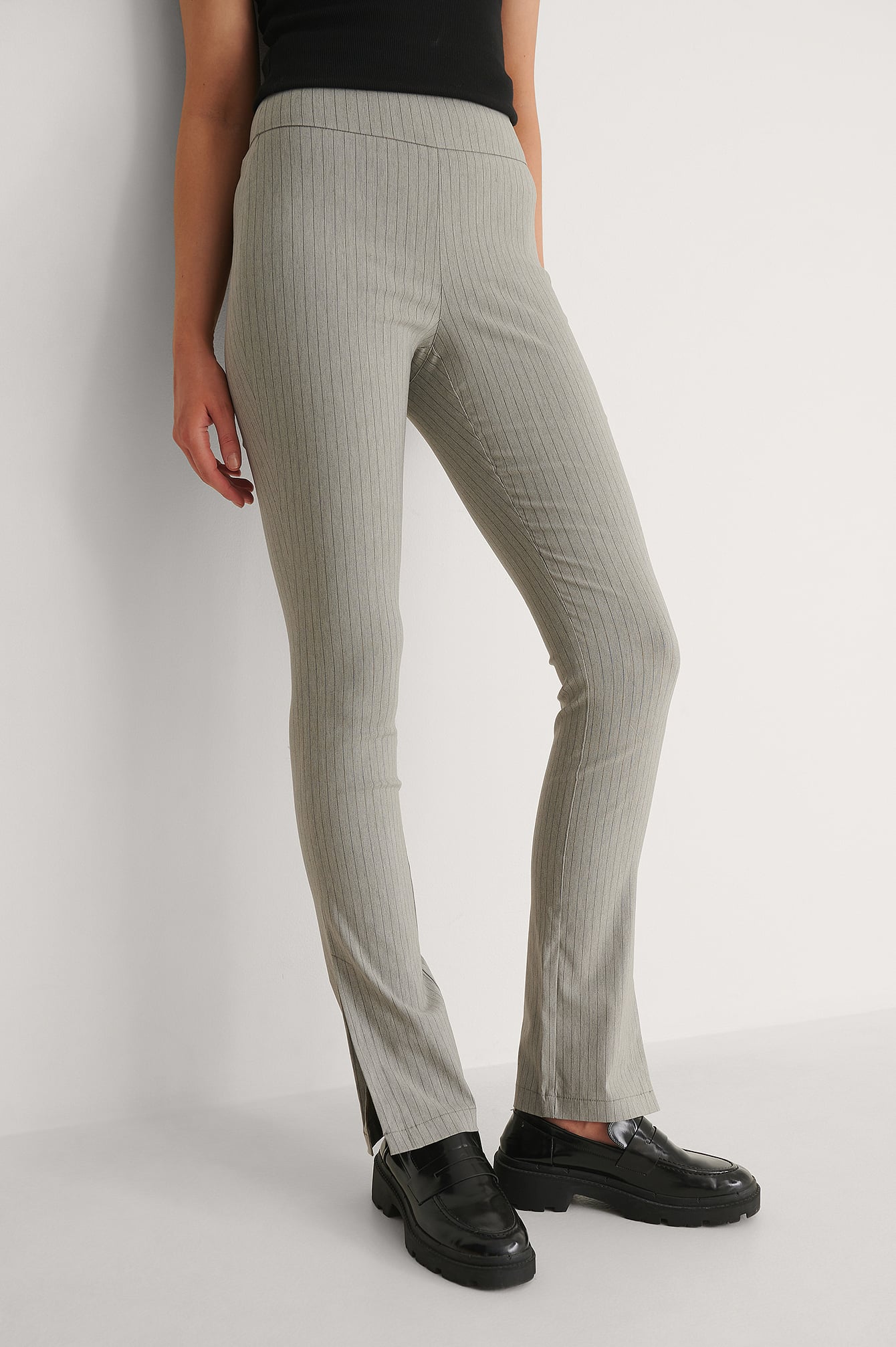 Striped Stretch Slit Pants Grey | na-kd.com