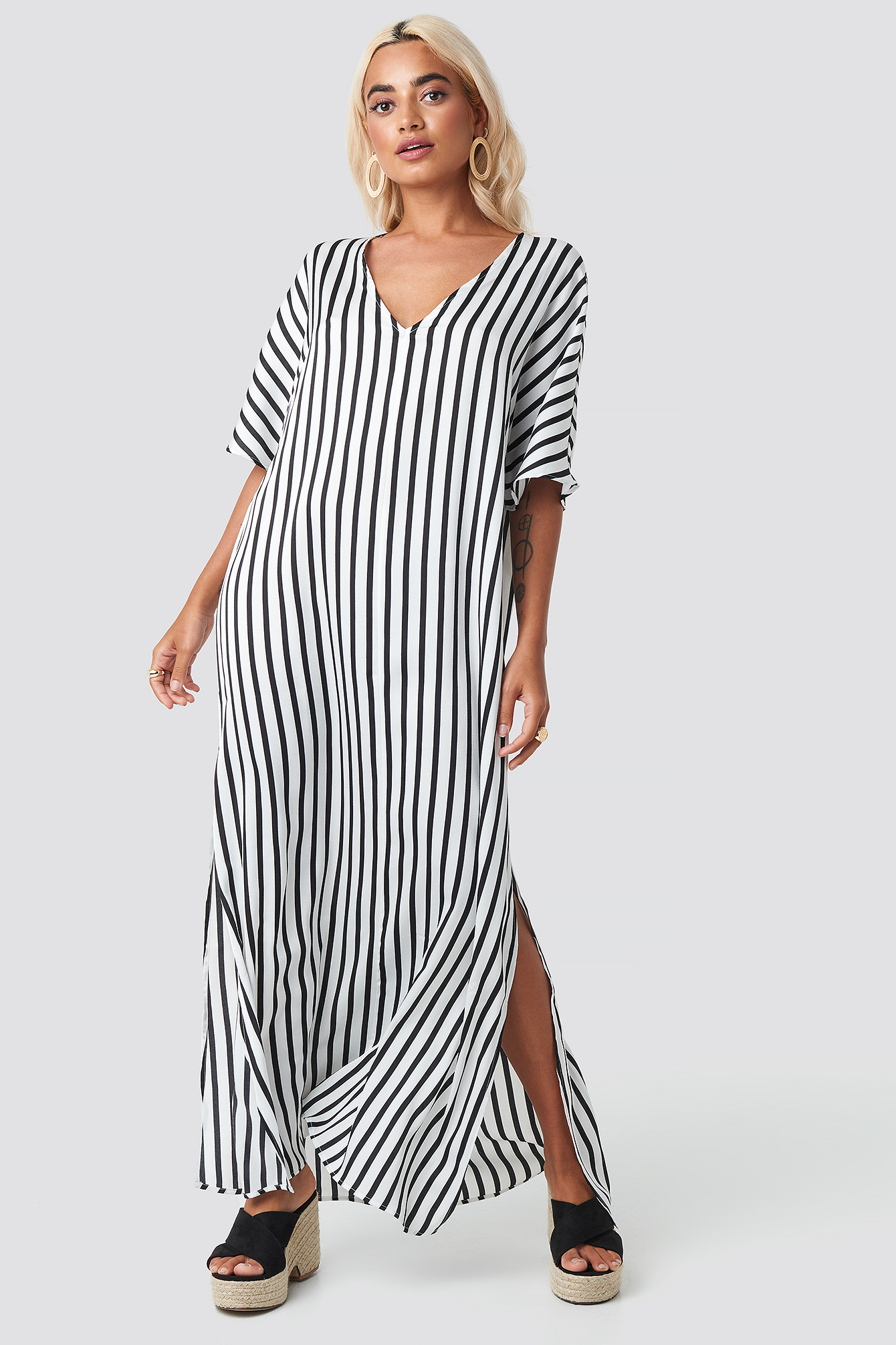 Striped V Neck Side Slit Dress Black/White Stripe