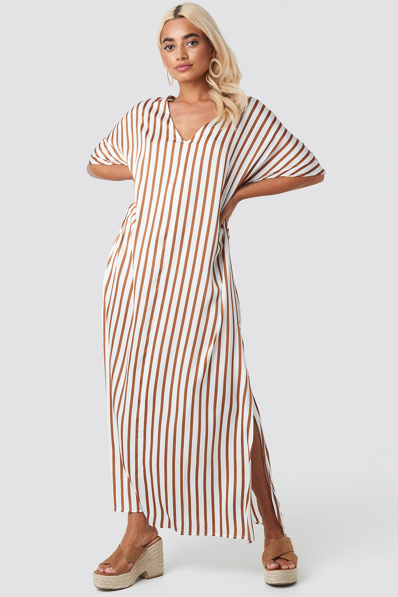 Striped V Neck Side Slit Dress White/Brown Stripe