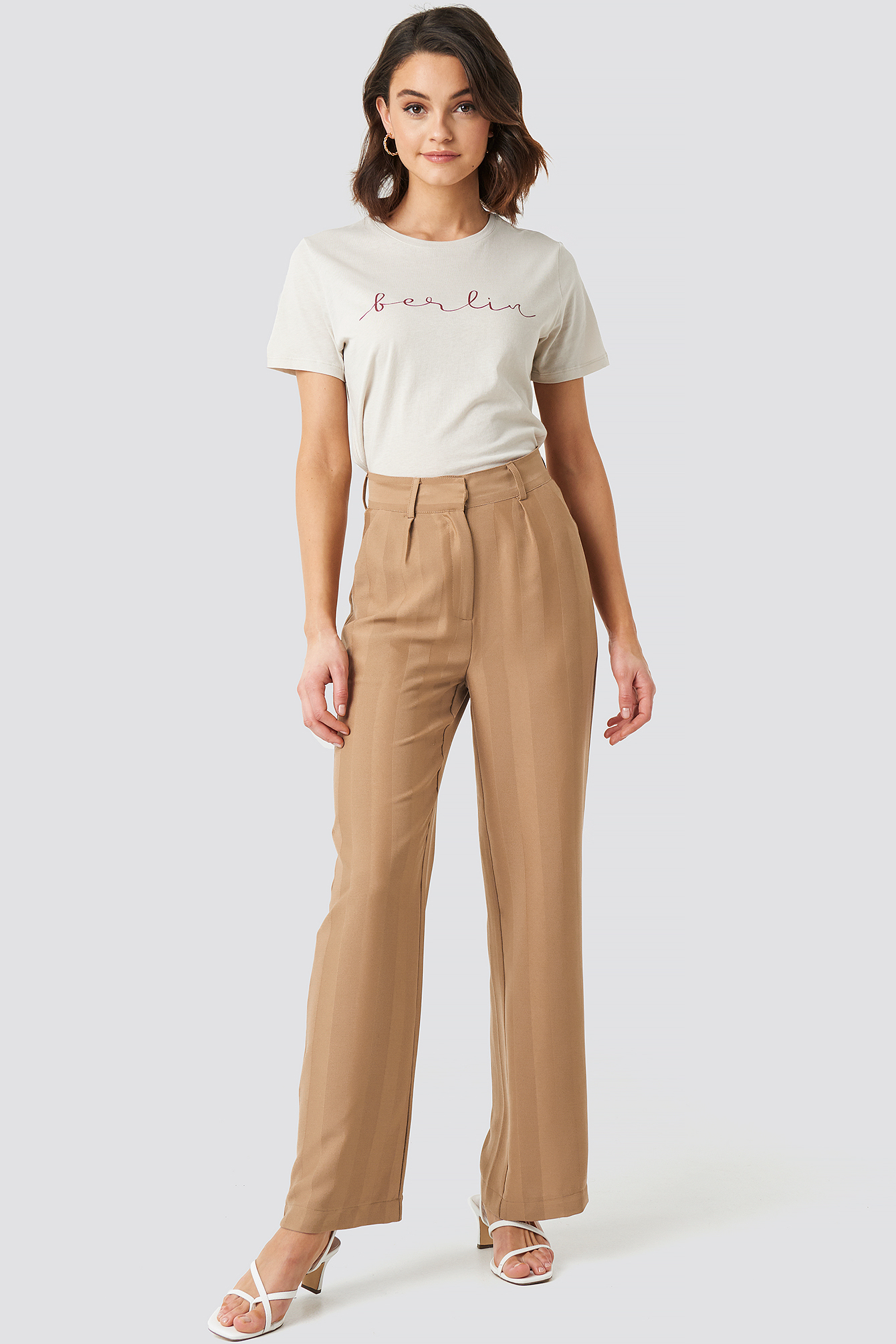 Striped Wide Trousers Beige