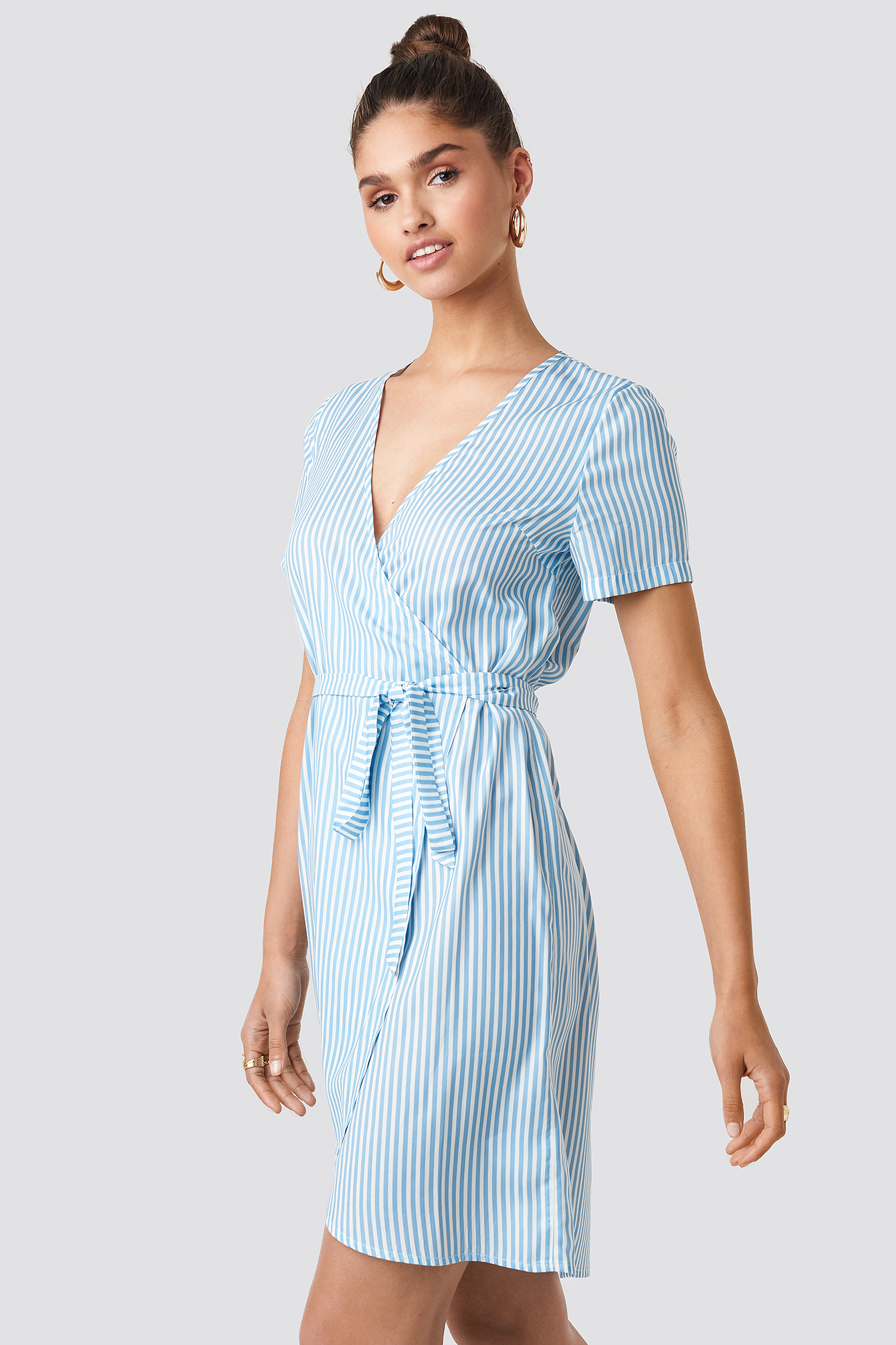 Striped Wrap Mini Dress Light Blue