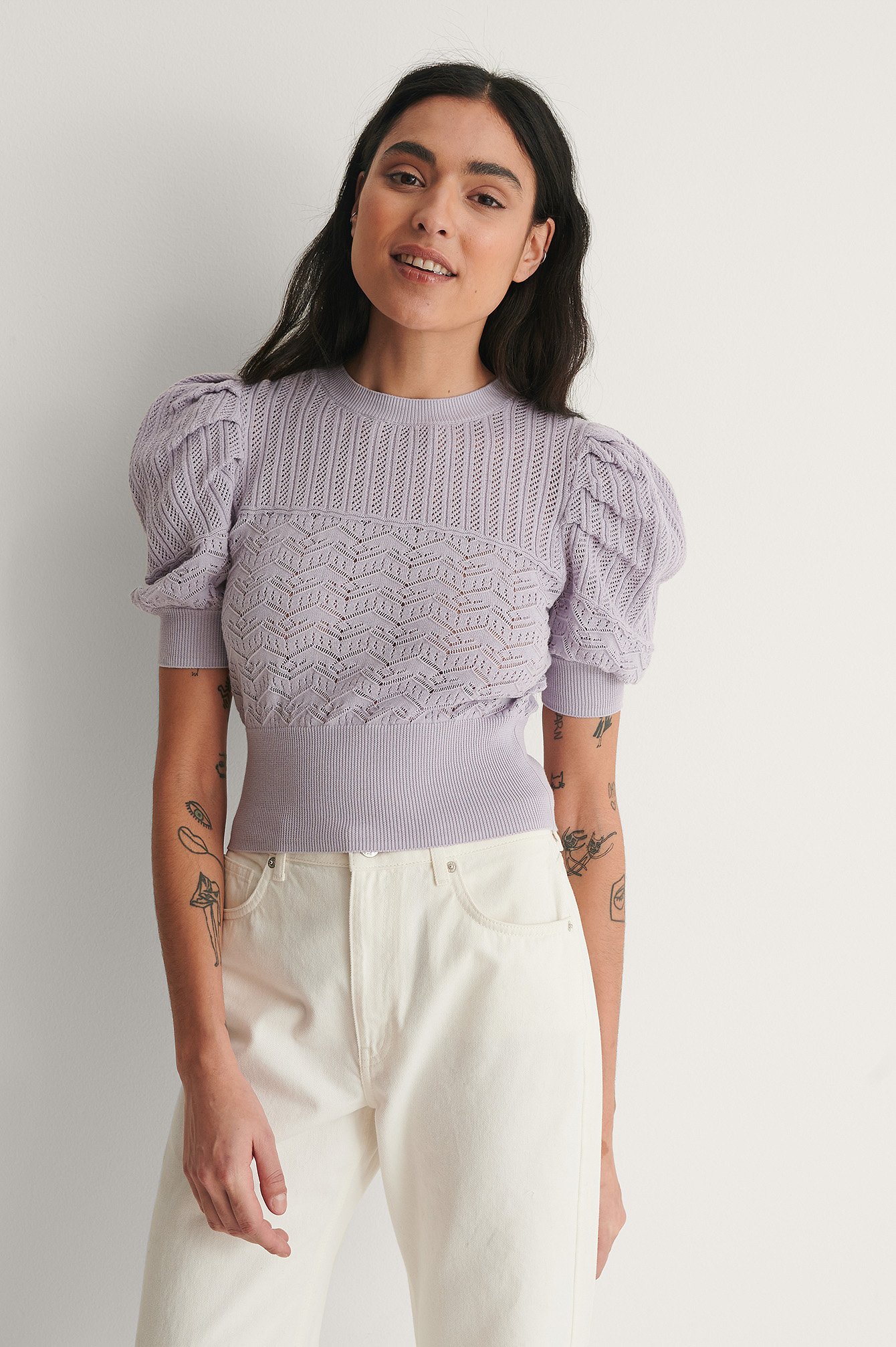 Dusty Lilac Organic Structure Puff Sleeve Knitted Top