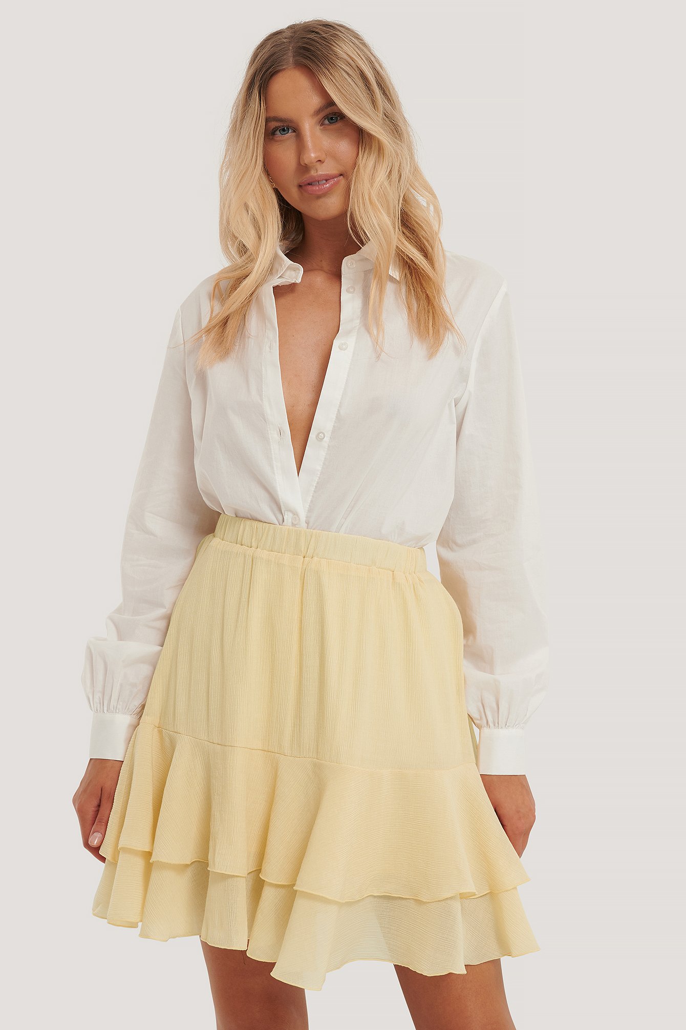 Dusty Yellow NA-KD Boho Structured Flounce Mini Skirt