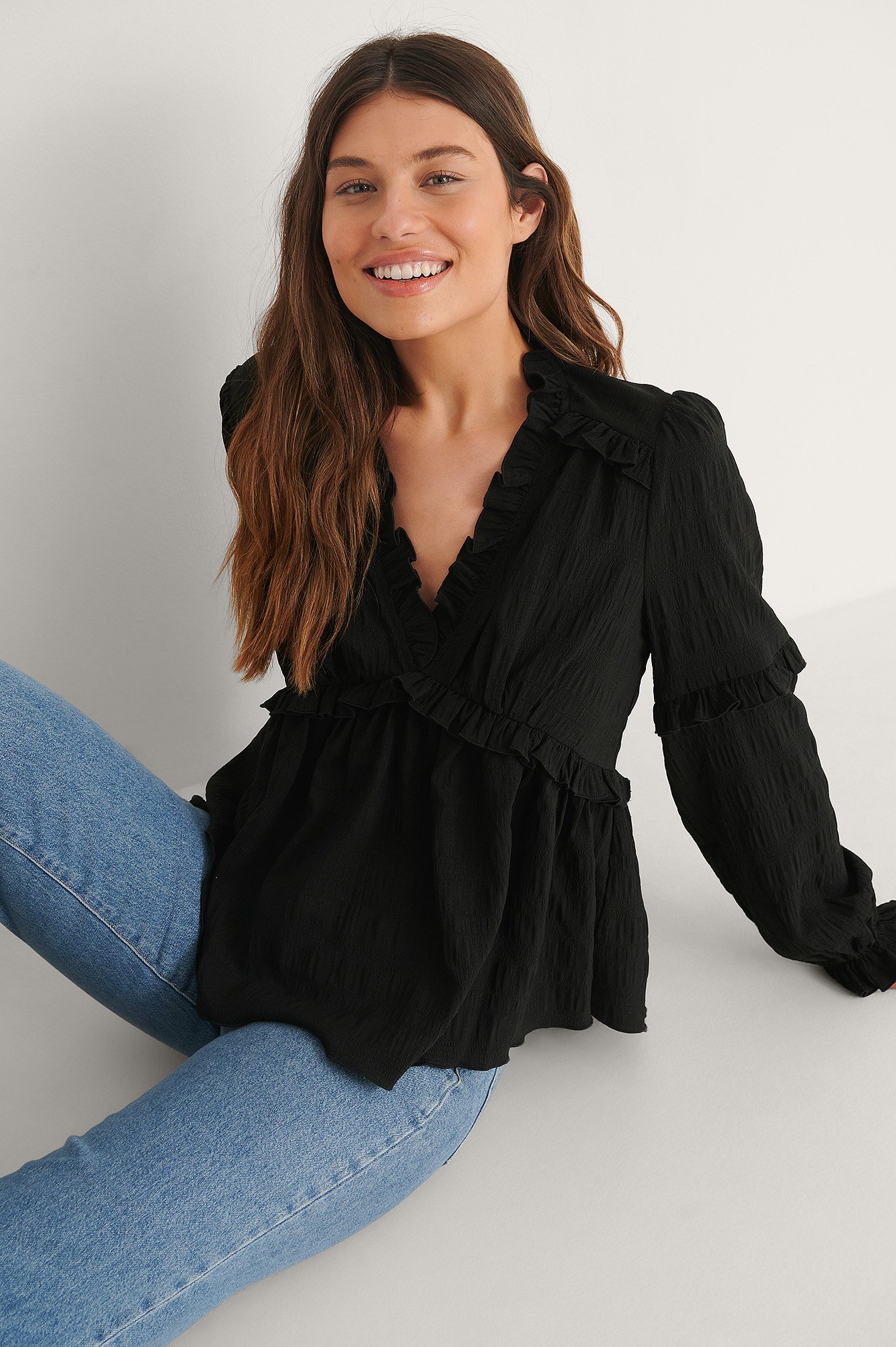 Black Recycled Structured LS Frill Blouse