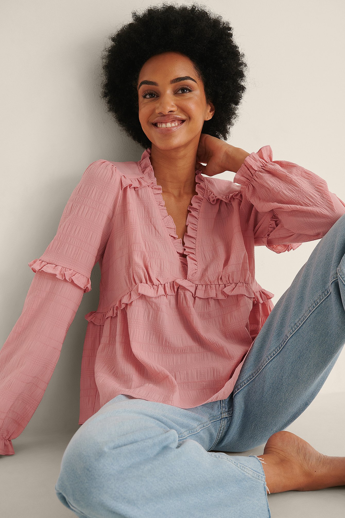 Dusty Pink Recycled Structured LS Frill Blouse
