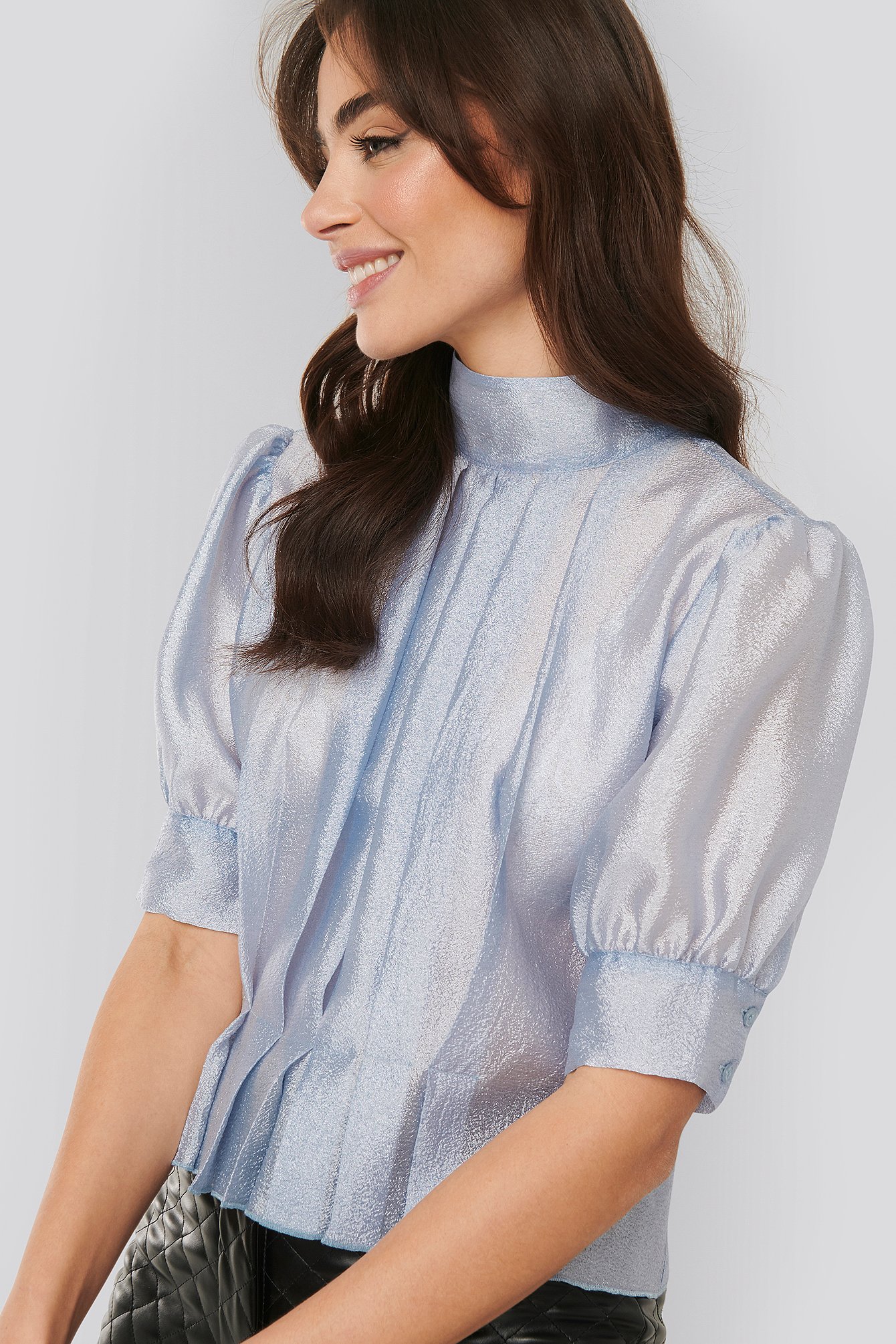 Light Blue Structured Organza Gathered Blouse