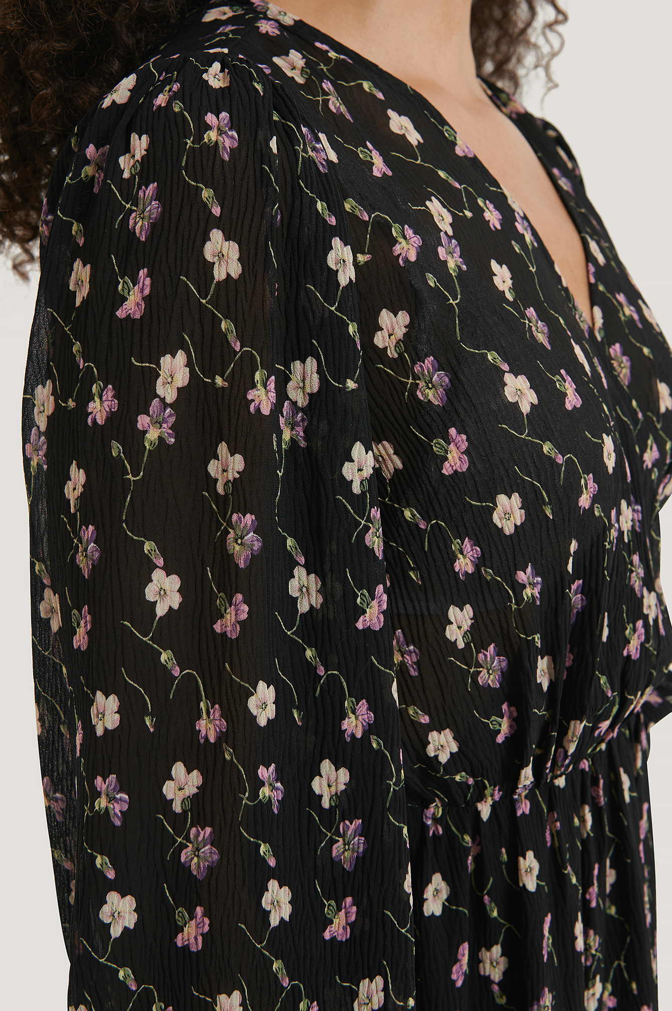 Black Flower Structured Overlap V-neck Dress