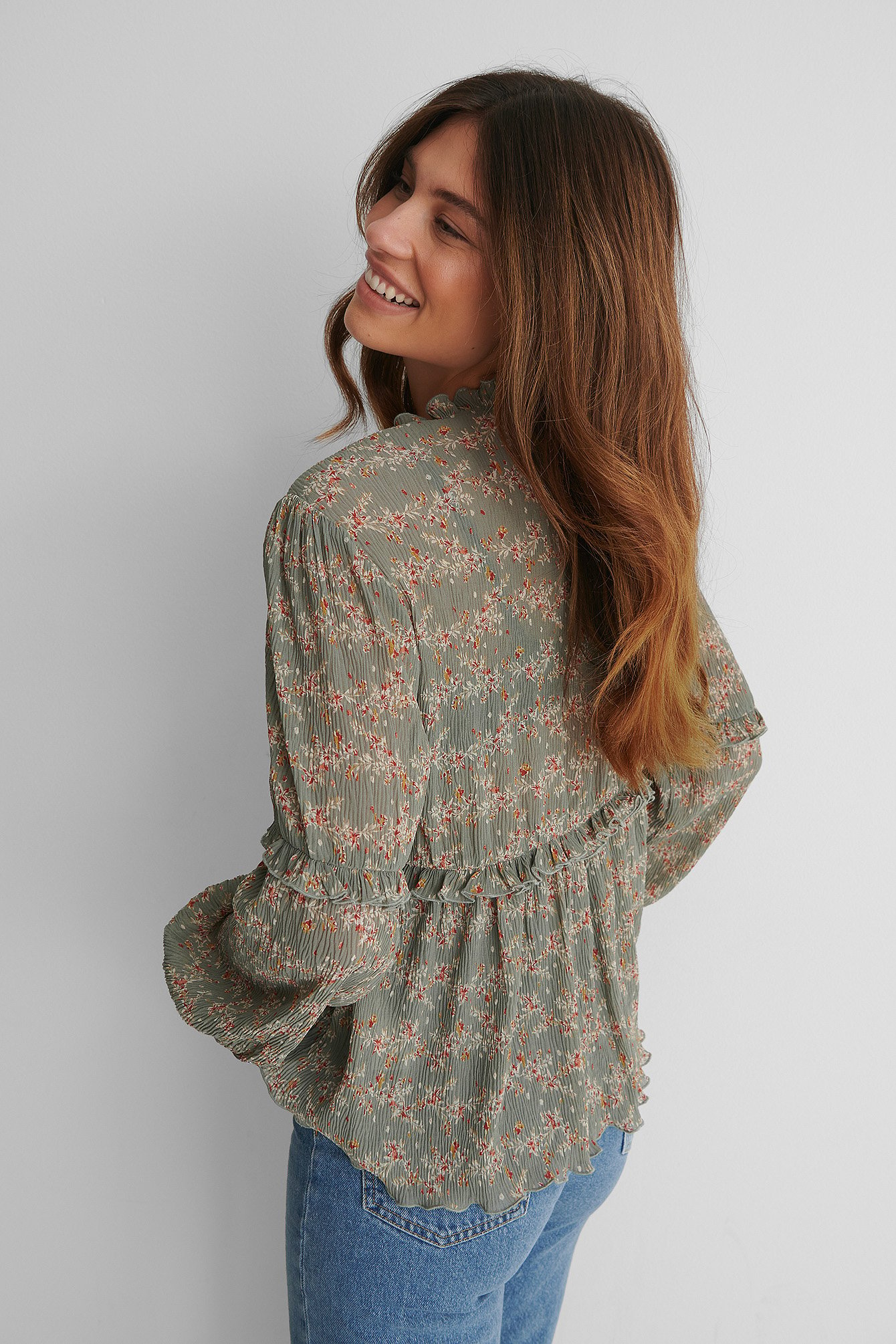Green Print Structured Printed Frill Blouse