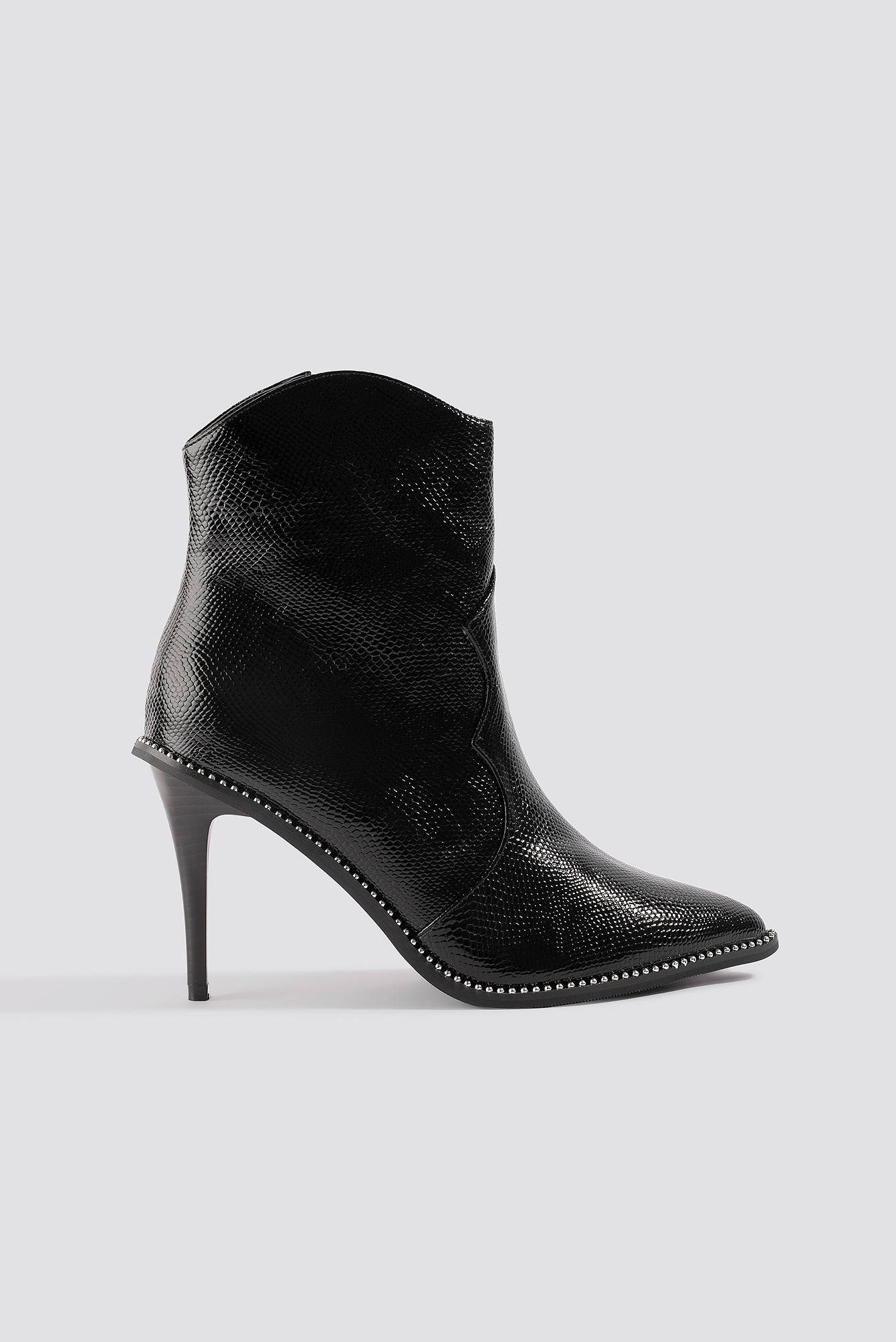 Studded Western Detail Heeled Ankle Boot Black