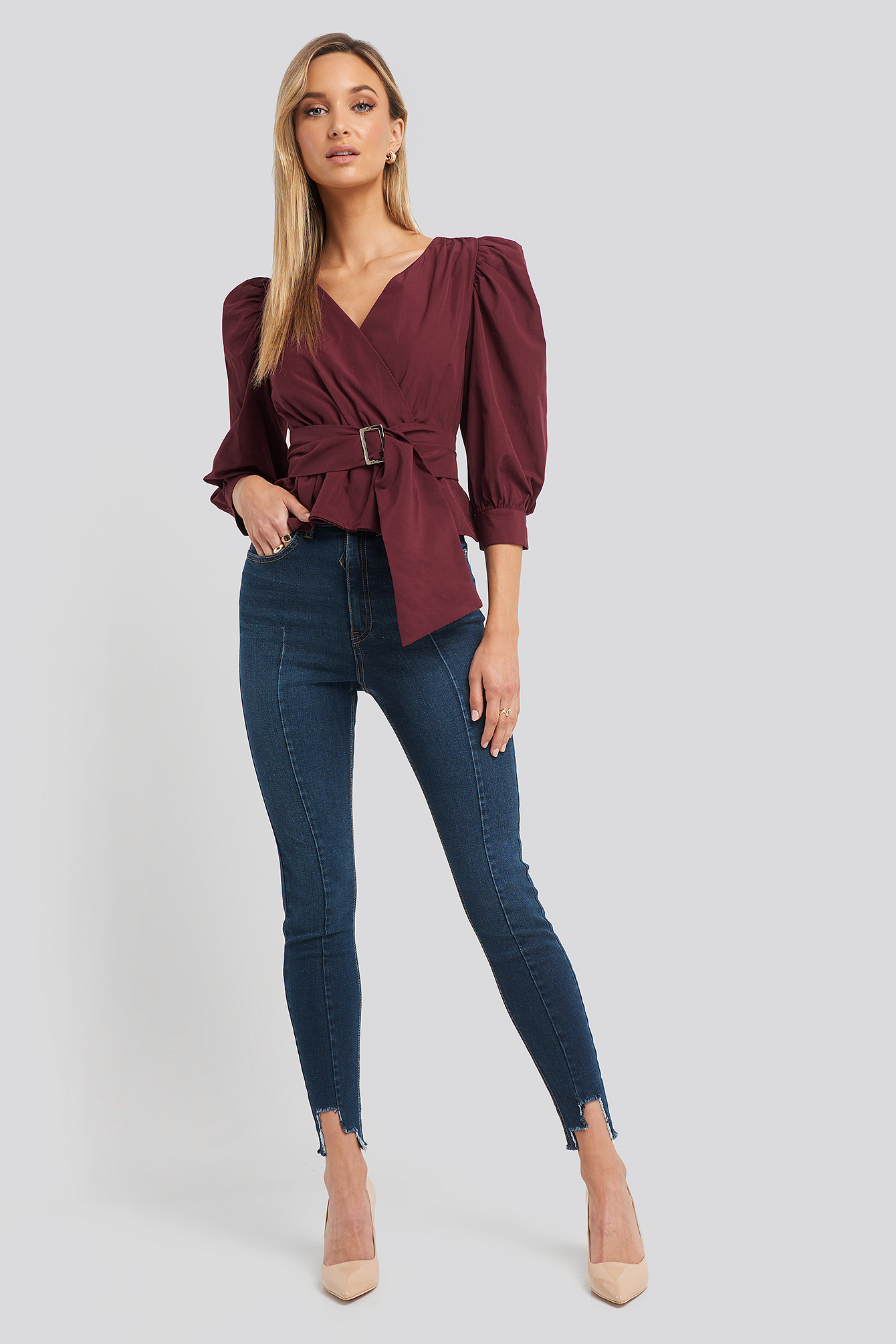 Super High Waist Asymmetrical Hem Jeans Dark Blue
