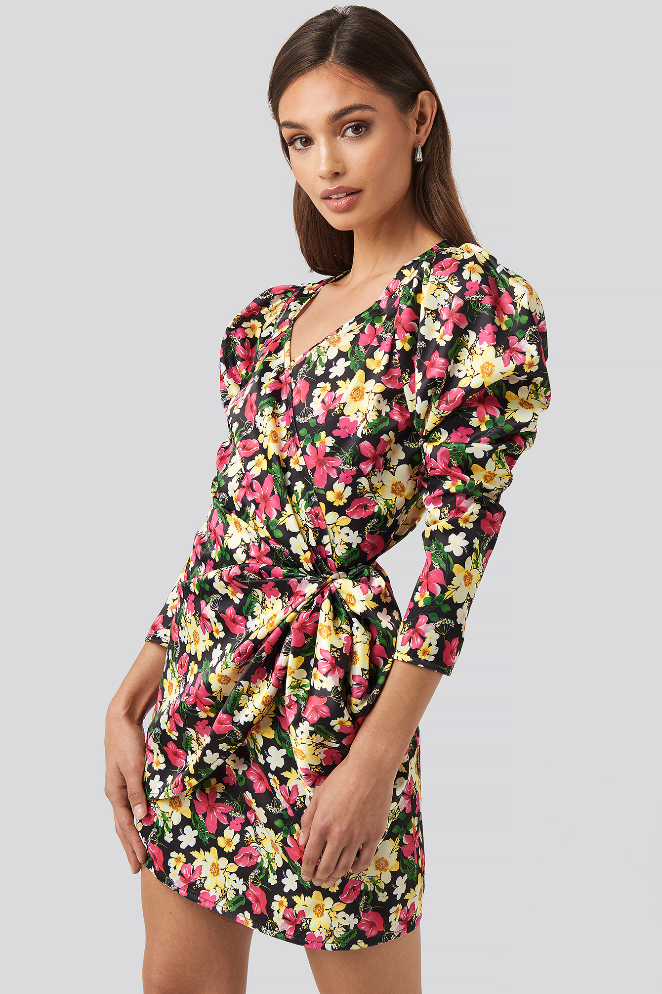 Sweetheart Neck Wrap Dress Flower | NA-KD