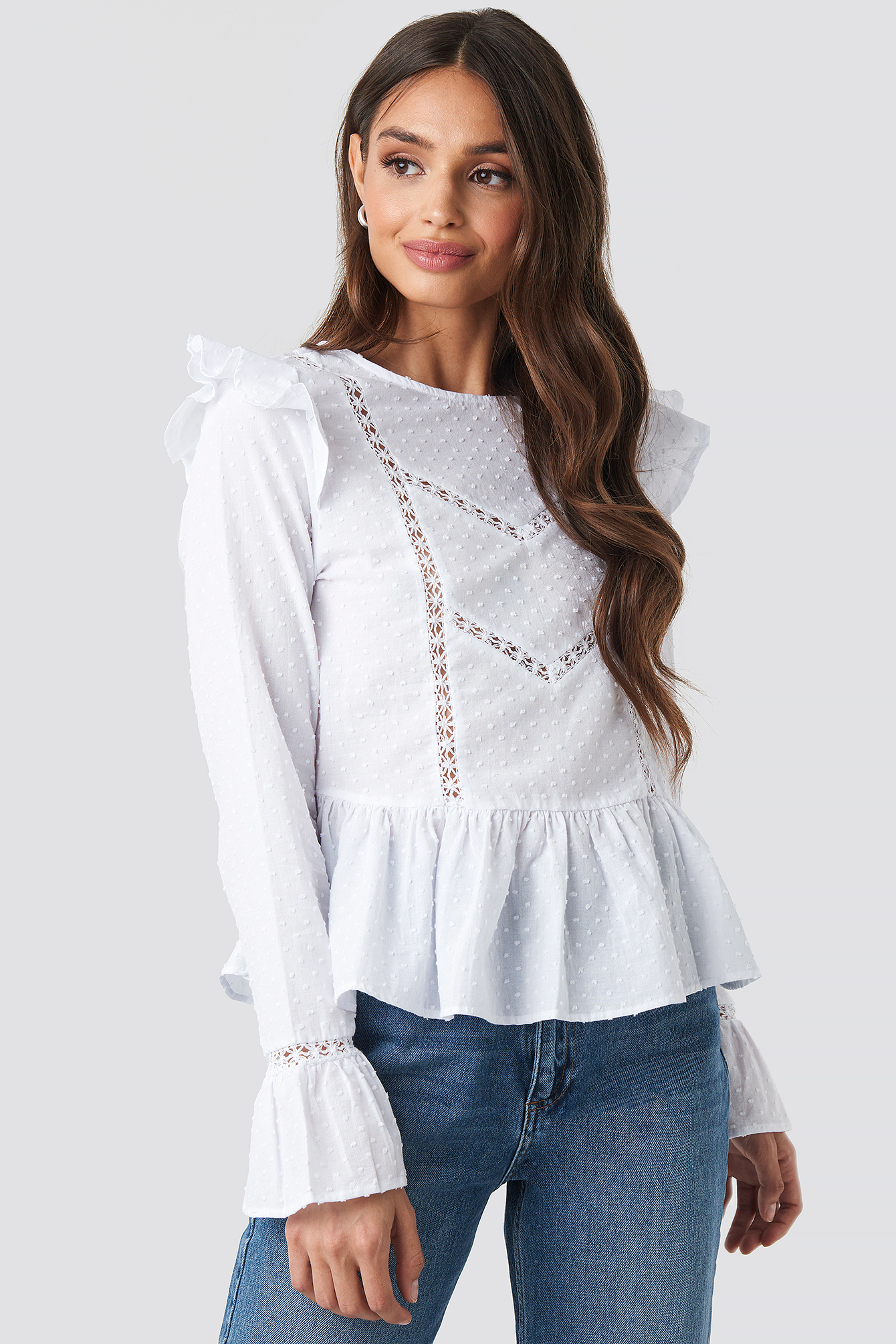 Swiss Dot Long Sleeve Ruffle Top White