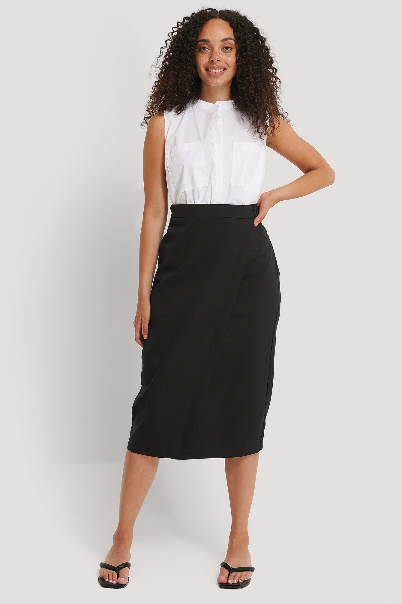 Black Tailored Overlap Midi Skirt