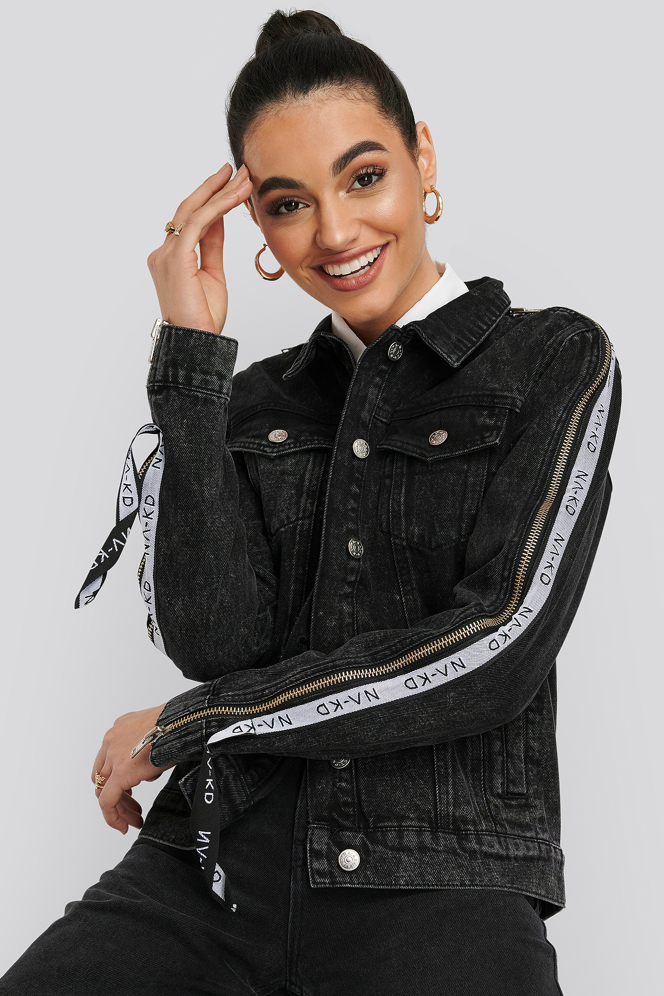 Tape Zip Detail Denim Jacket Black
