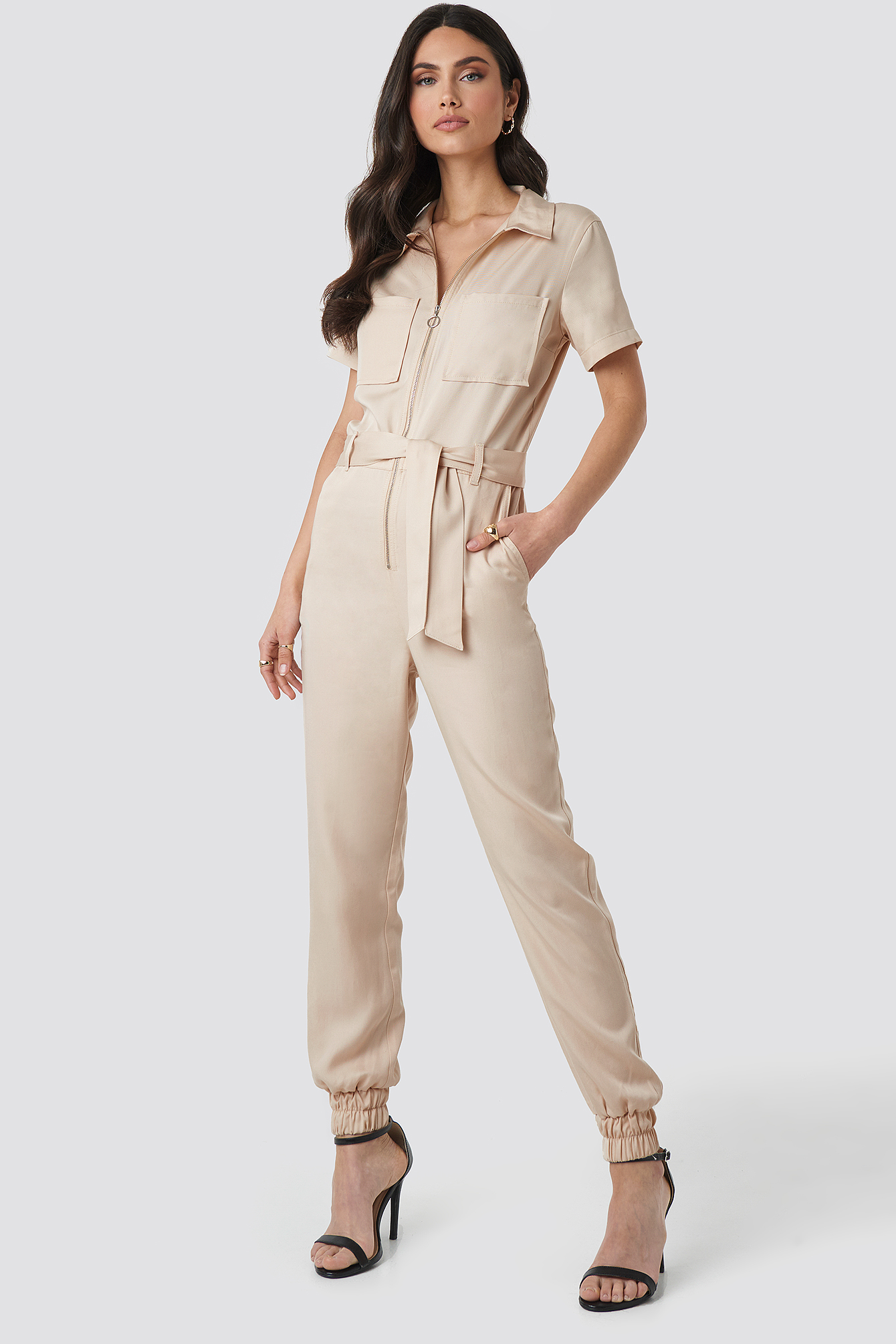 Tencel Cargo Jumpsuit Beige
