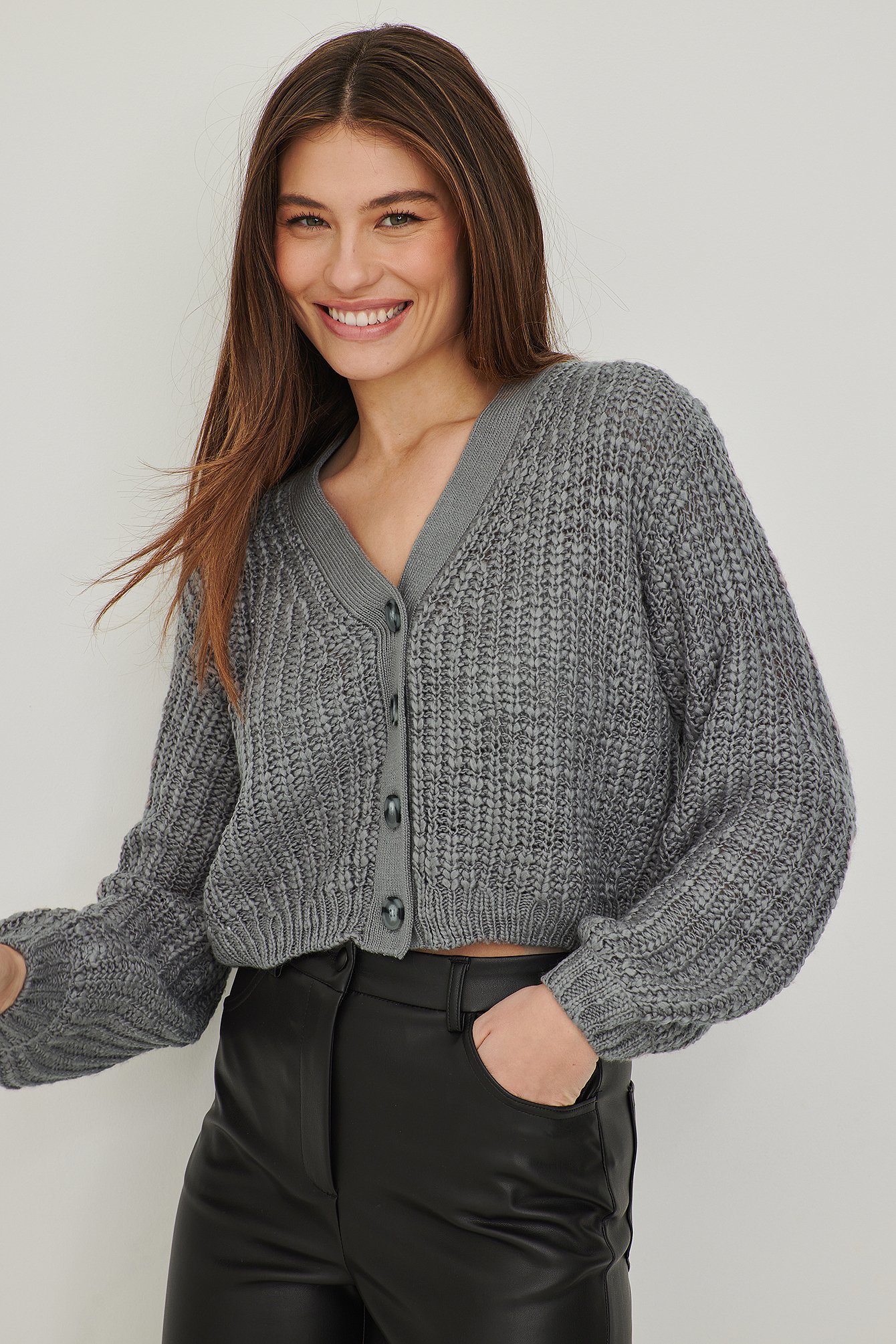 Grey Textured Knitted Cardigan