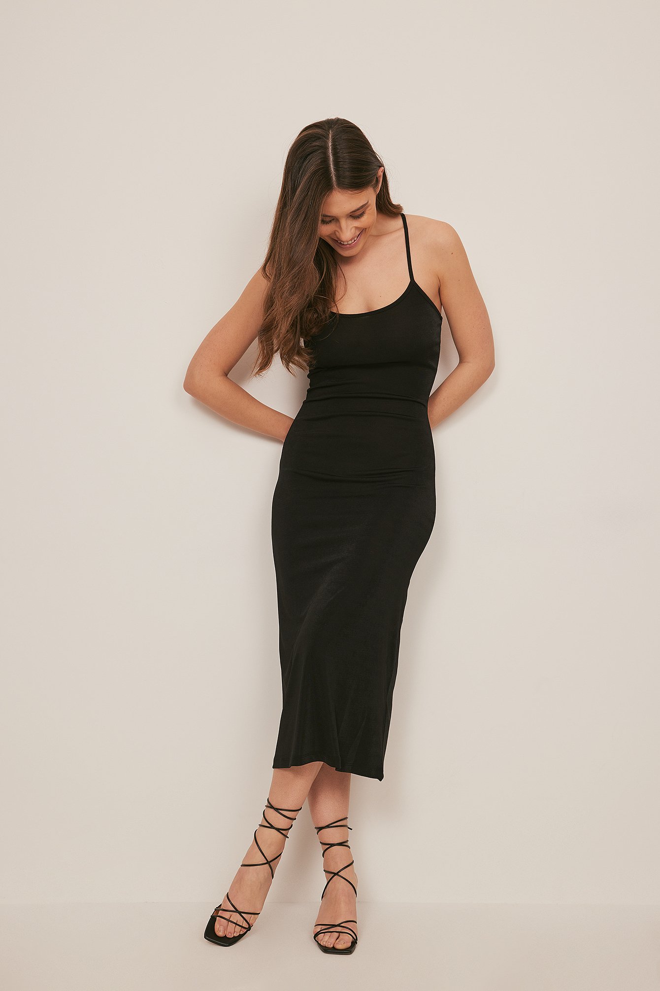 Black Recycled Thin Strap Jersey Midi Dress
