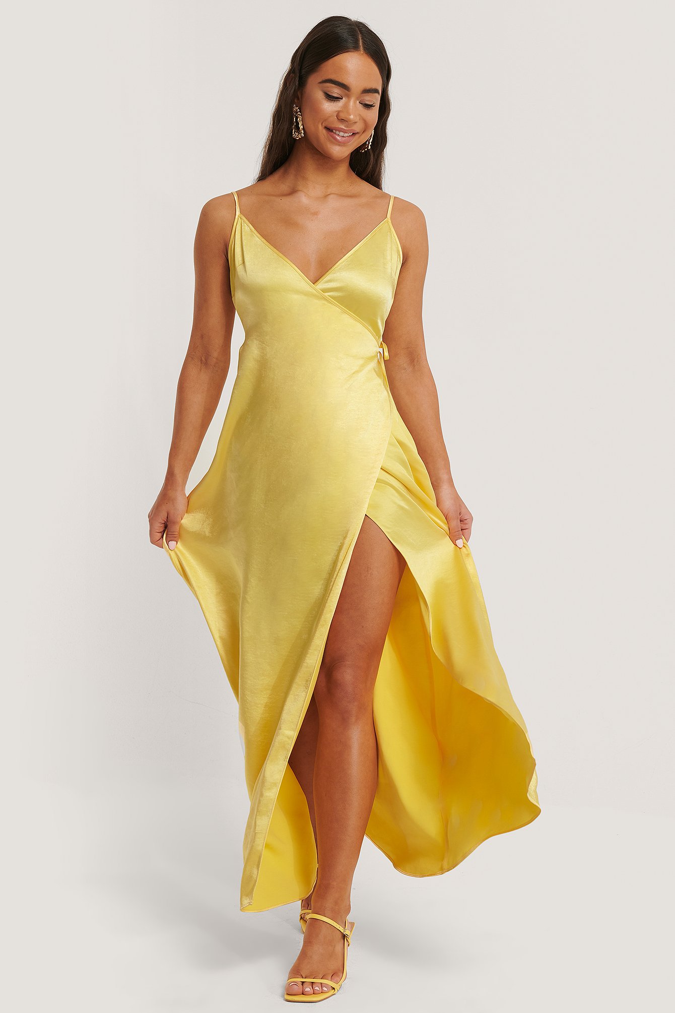 Yellow NA-KD Party Thin Strap Satin Slit Dress