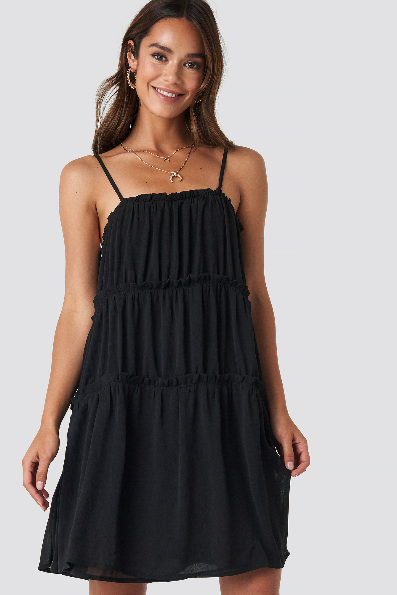 Thin Strap Tiered Mini Dress Black