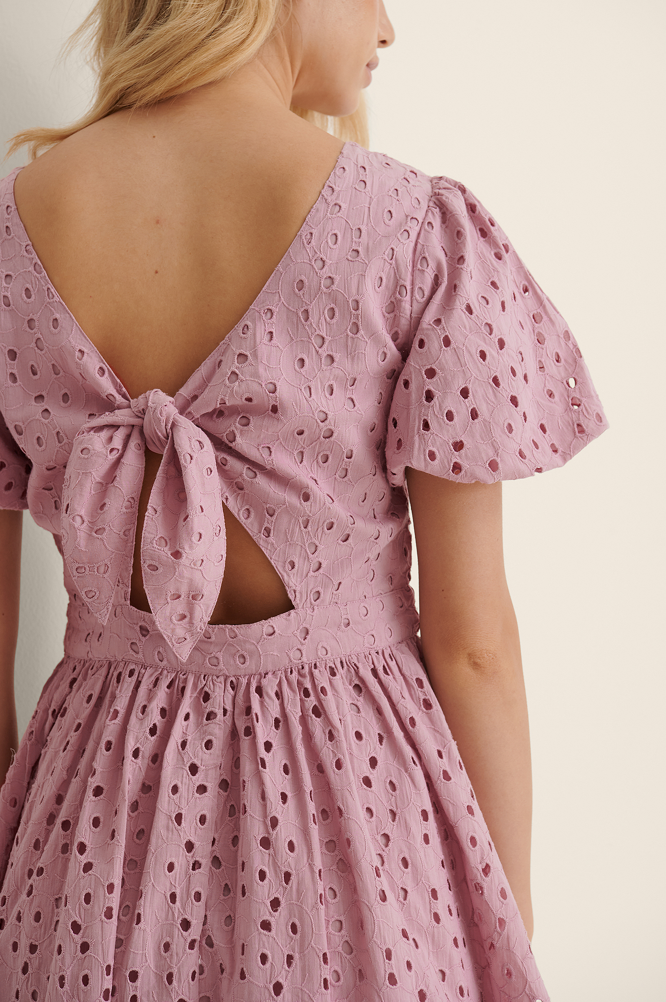 Dusty Pink Organic Tie Back Anglaise Mini Dress