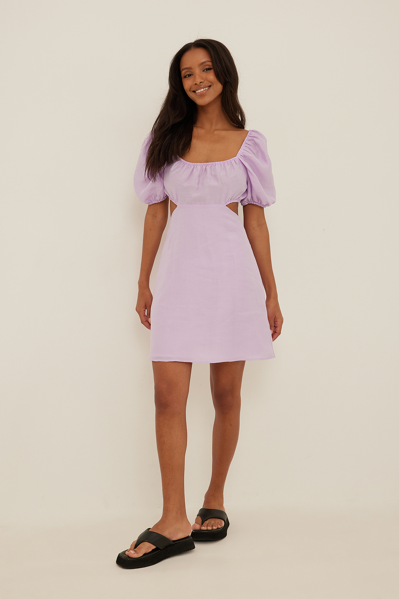 Tie Back Linen Mini Dress Purple | na 