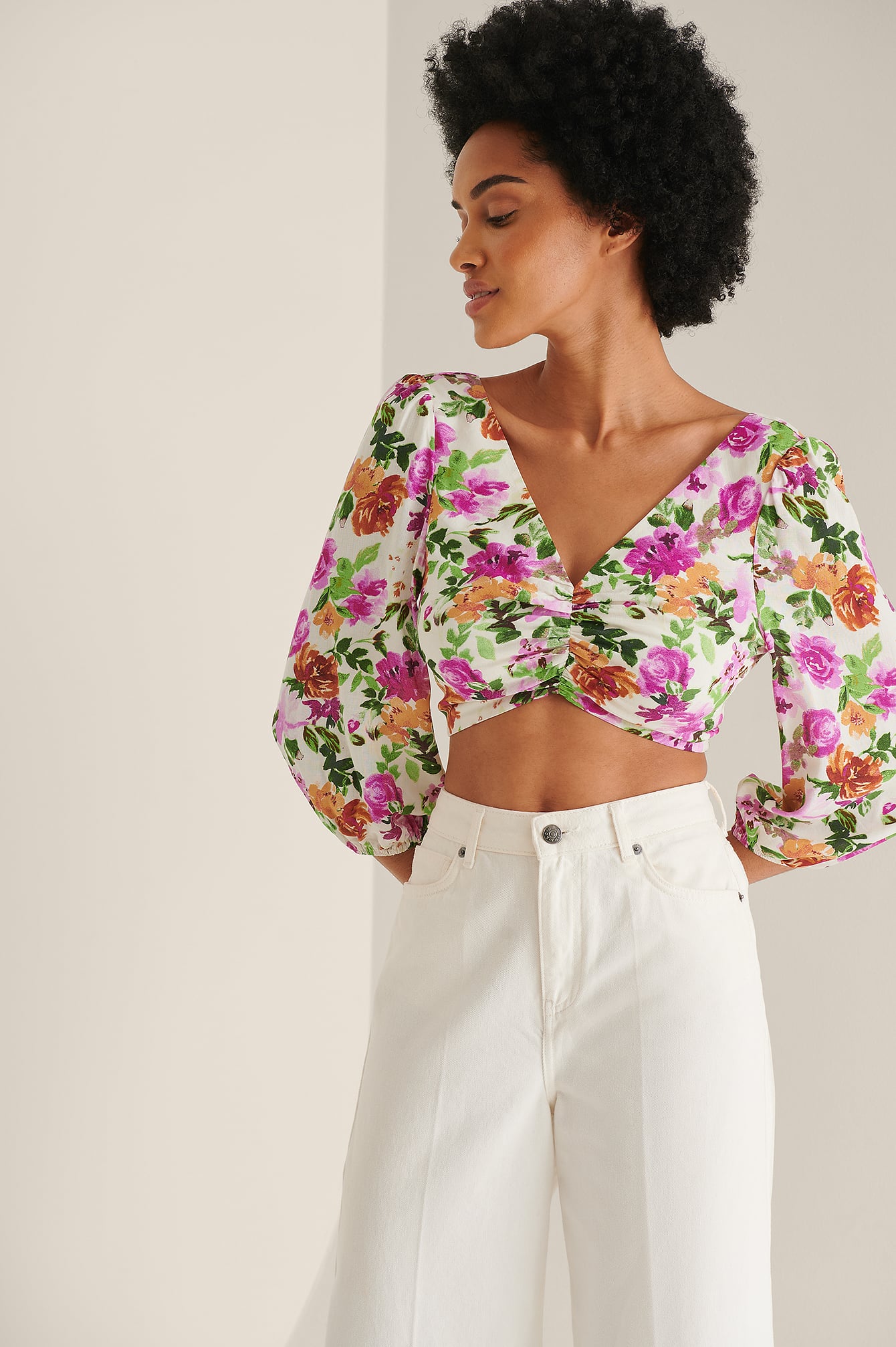 Tie Back V-neck Blouse Flower | na-kd.com