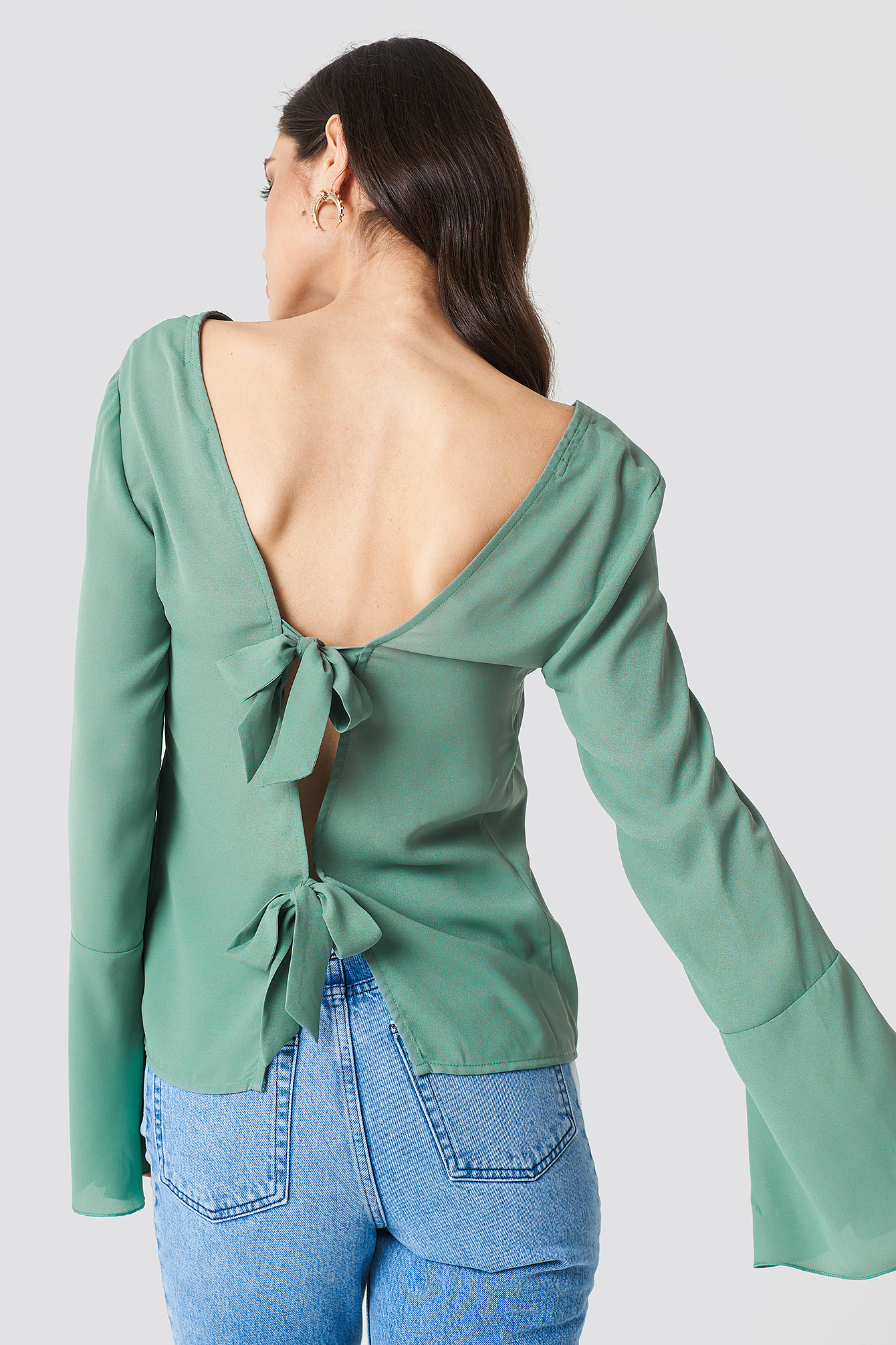 NA-KD Tie Back Wide Sleeve Blouse - Green