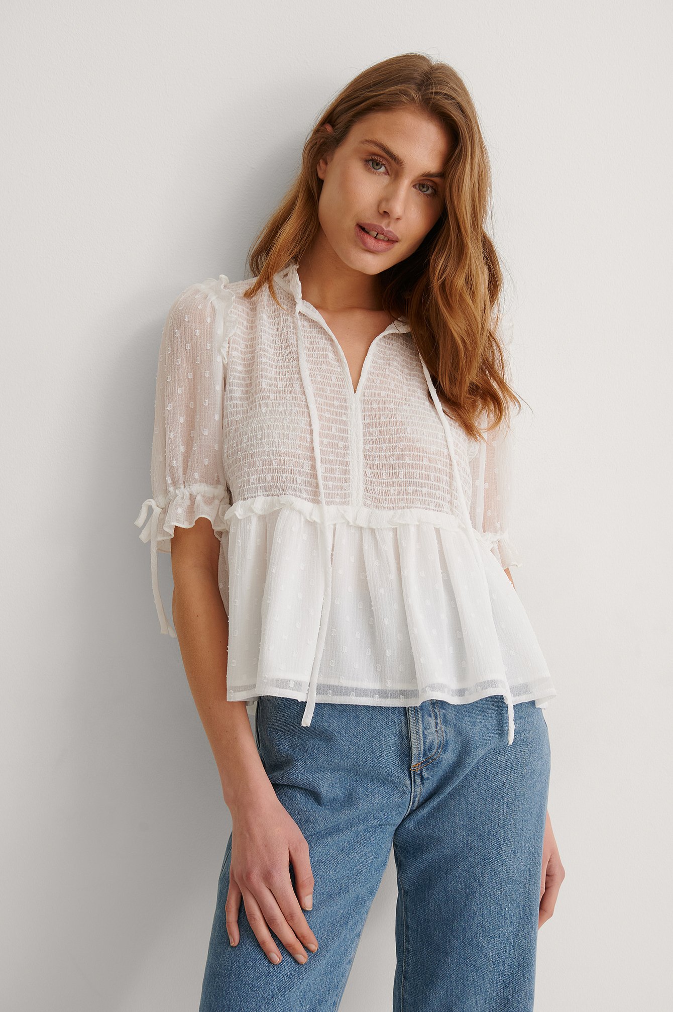 White Recyled Tie Detail Short Sleeve Smocked Blouse