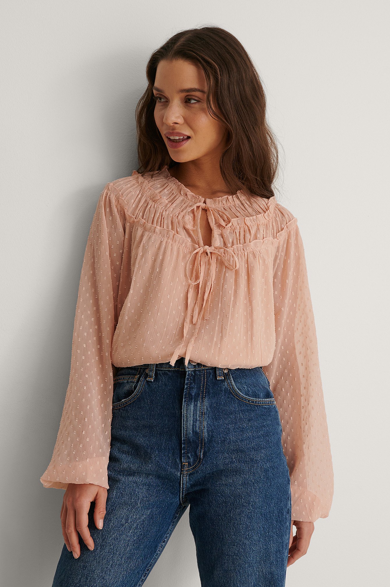 Light Pink Tie Front Dobby Blouse