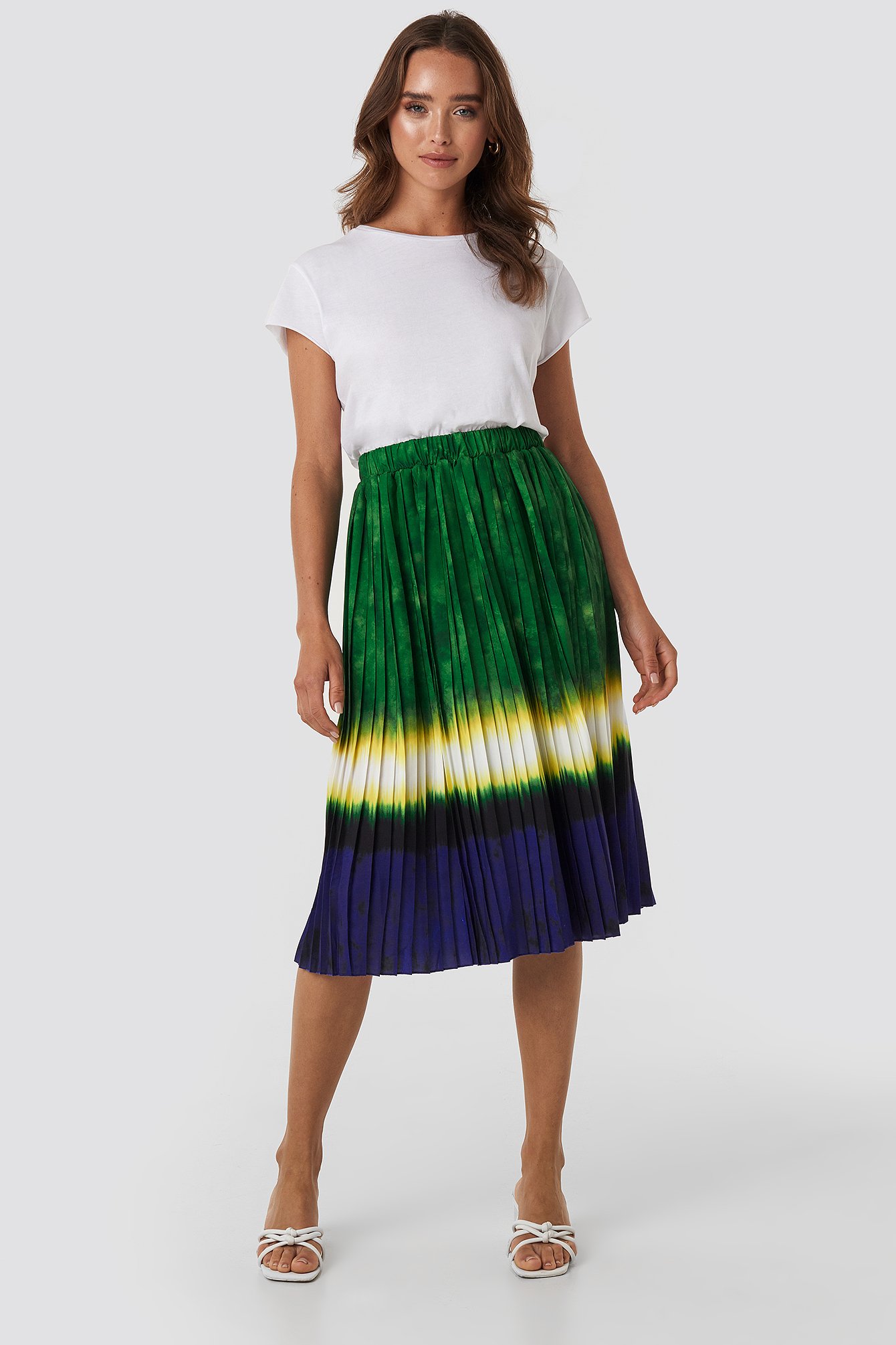Green Tie Dye Print Pleated Midi Skirt
