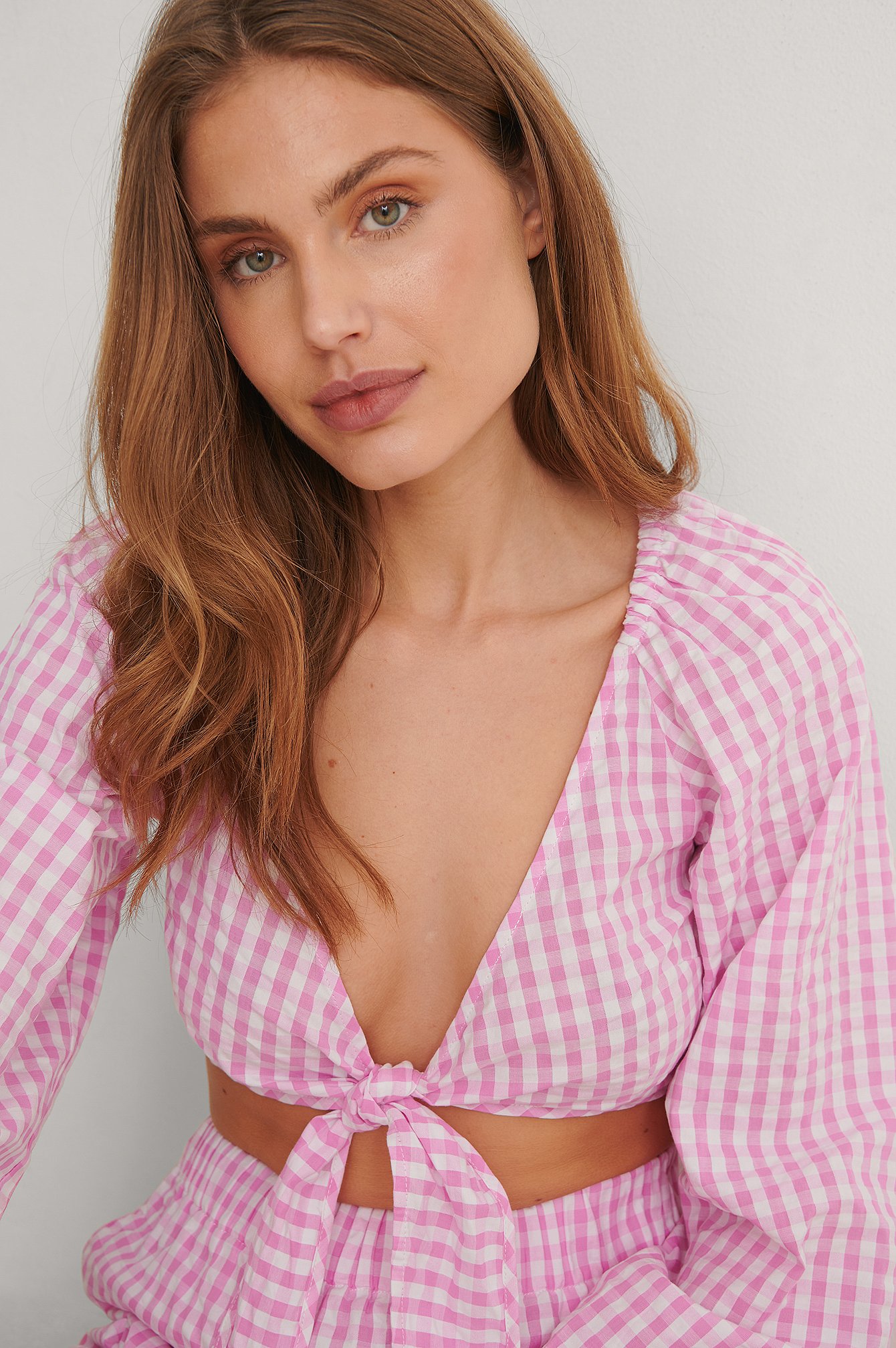 Pink Tie Front Check Blouse