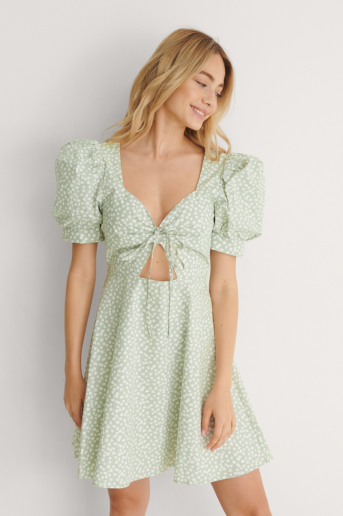 Green Flower Print Tie Front Cotton Dress
