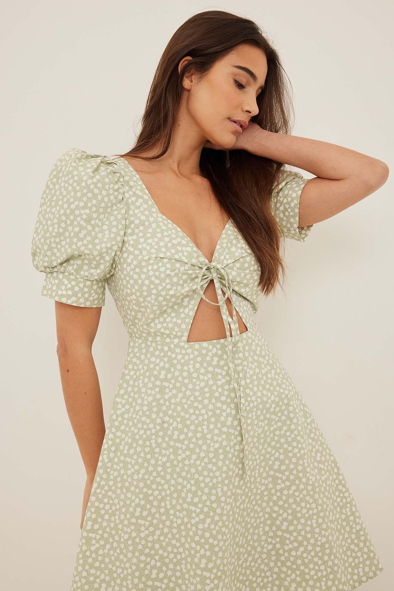 Green Flower Print Tie Front Cotton Dress