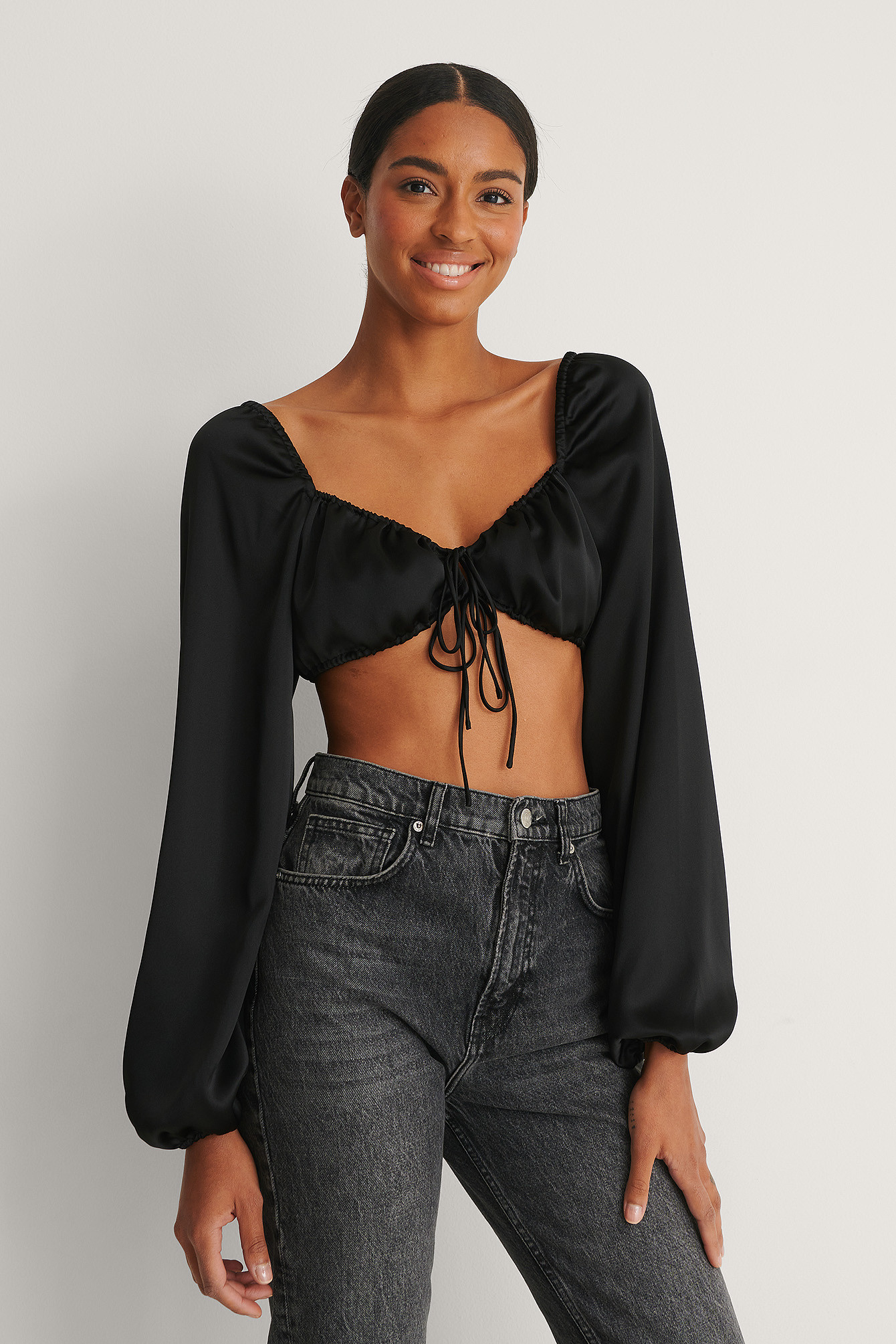 Tie Front Cropped Satin Blouse Black 