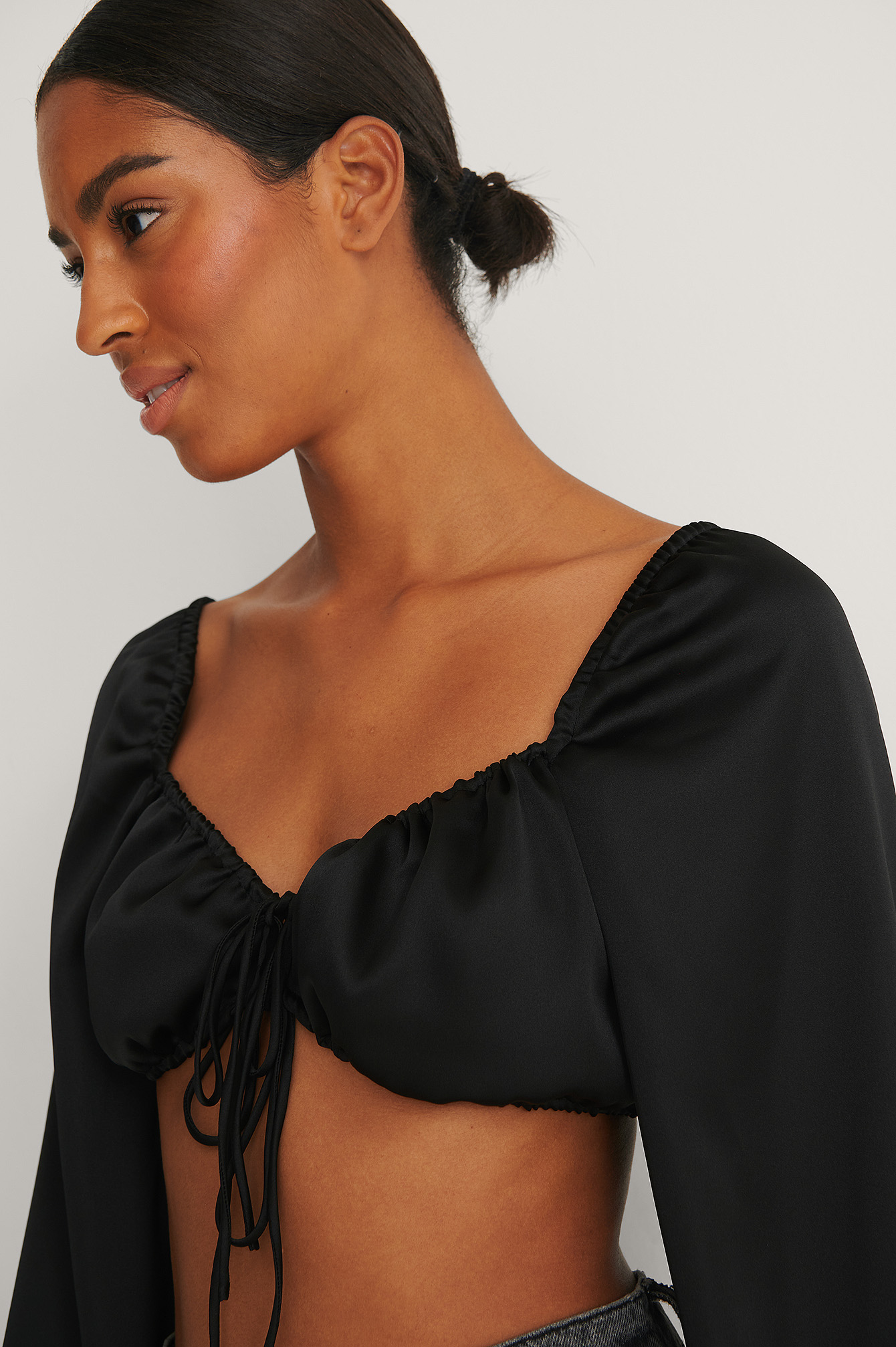 Tie Front Cropped Satin Blouse Black 