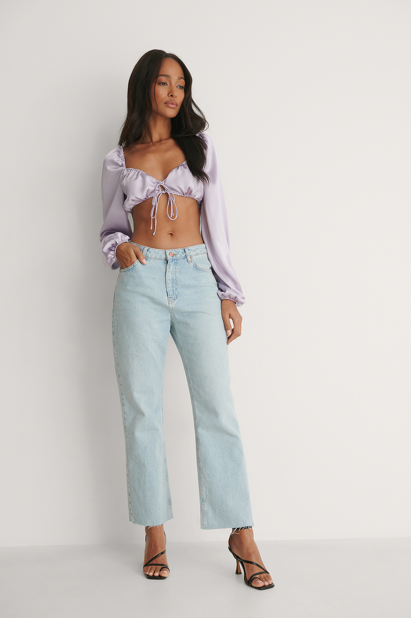 Tie Front Cropped Satin Blouse Purple 