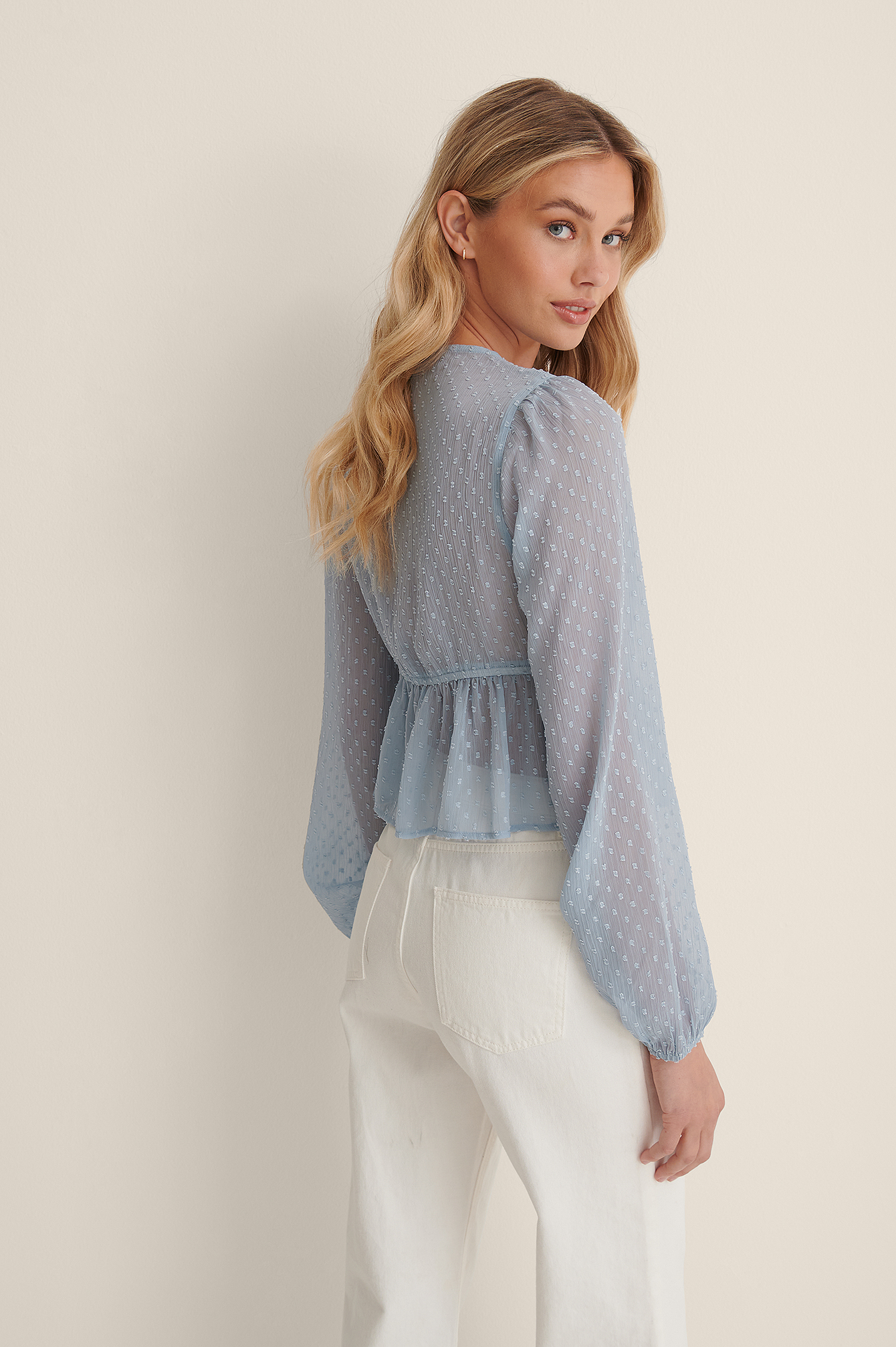 Dusty Blue Tie Front LS Dobby Blouse