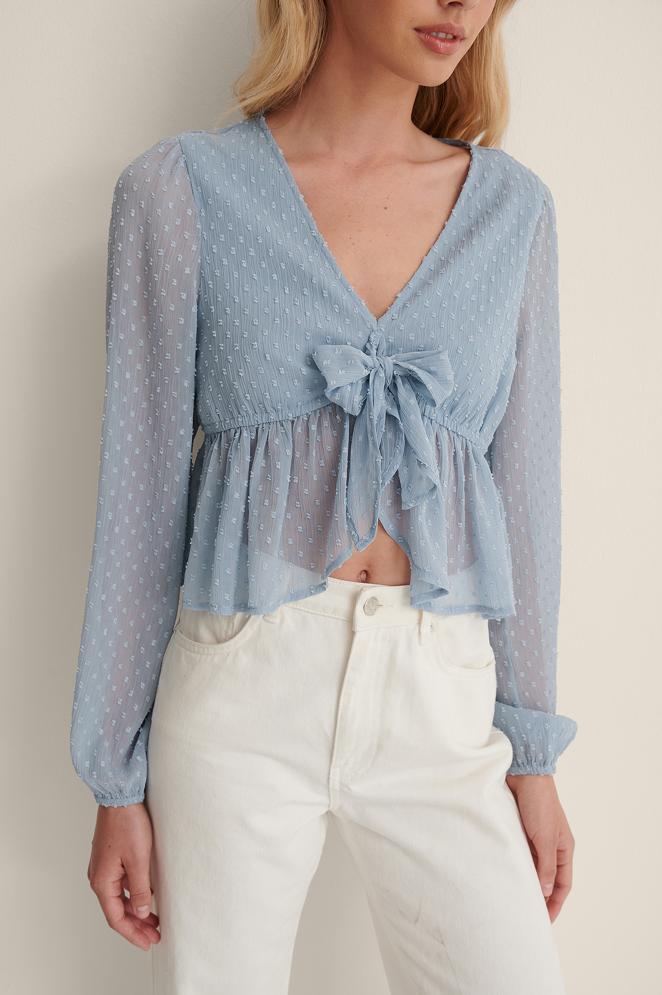Dusty Blue Tie Front LS Dobby Blouse